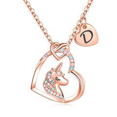 Hidepoo Unicorn Necklace for Girls Gifts - 14K Gold/Rose Gold/White Gold Plated Cubic Zirconia Heart Unicorn Necklace Gifts Jewelry Initial Unicorn Necklace Birthday Gifts Unicorns Gifts for Girls D Rose Gold