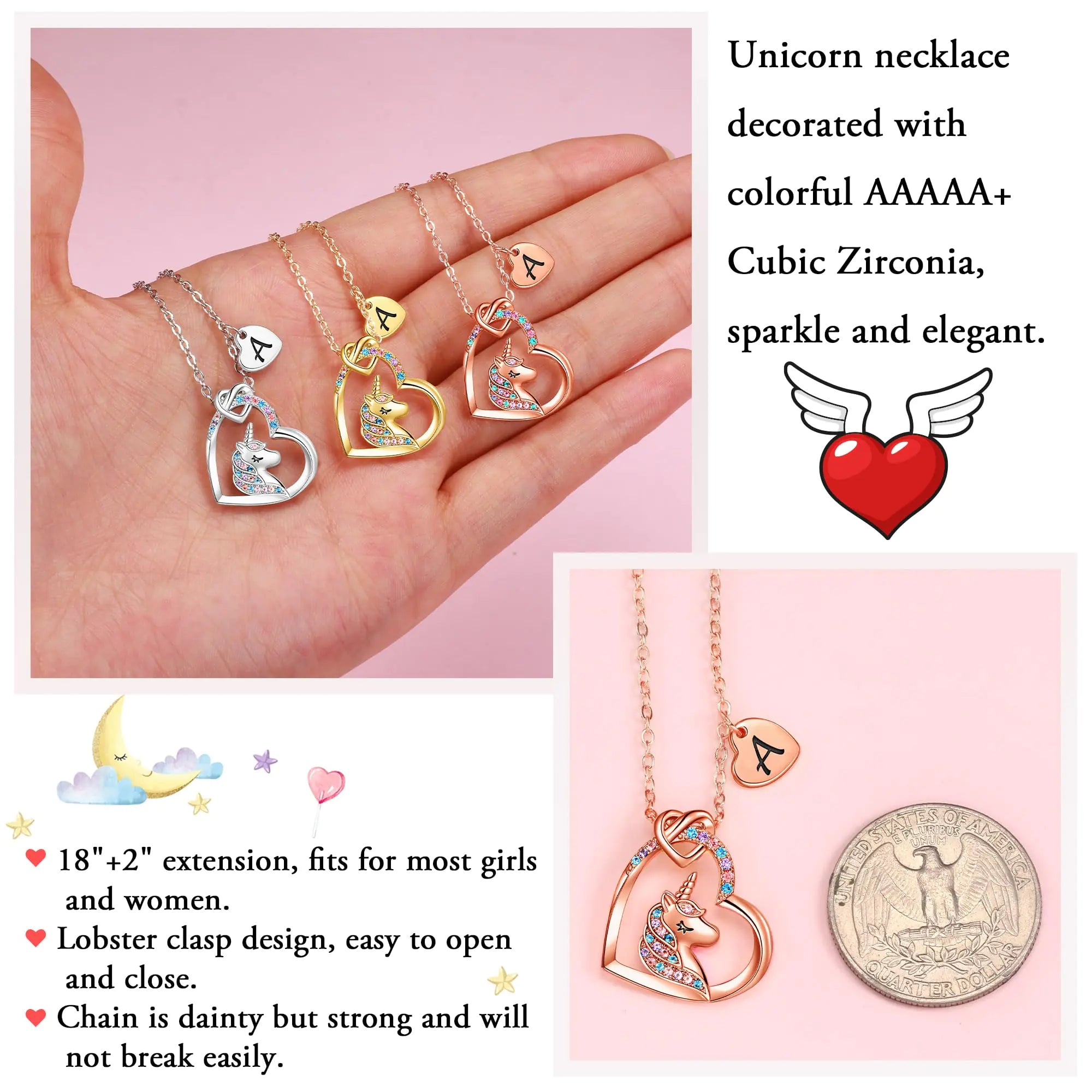 Hidepoo Unicorn Necklace for Girls Gifts - 14K Gold/Rose Gold/White Gold Plated Cubic Zirconia Heart Unicorn Necklace Gifts Jewelry Initial Unicorn Necklace Birthday Gifts Unicorns Gifts for Girls D Rose Gold