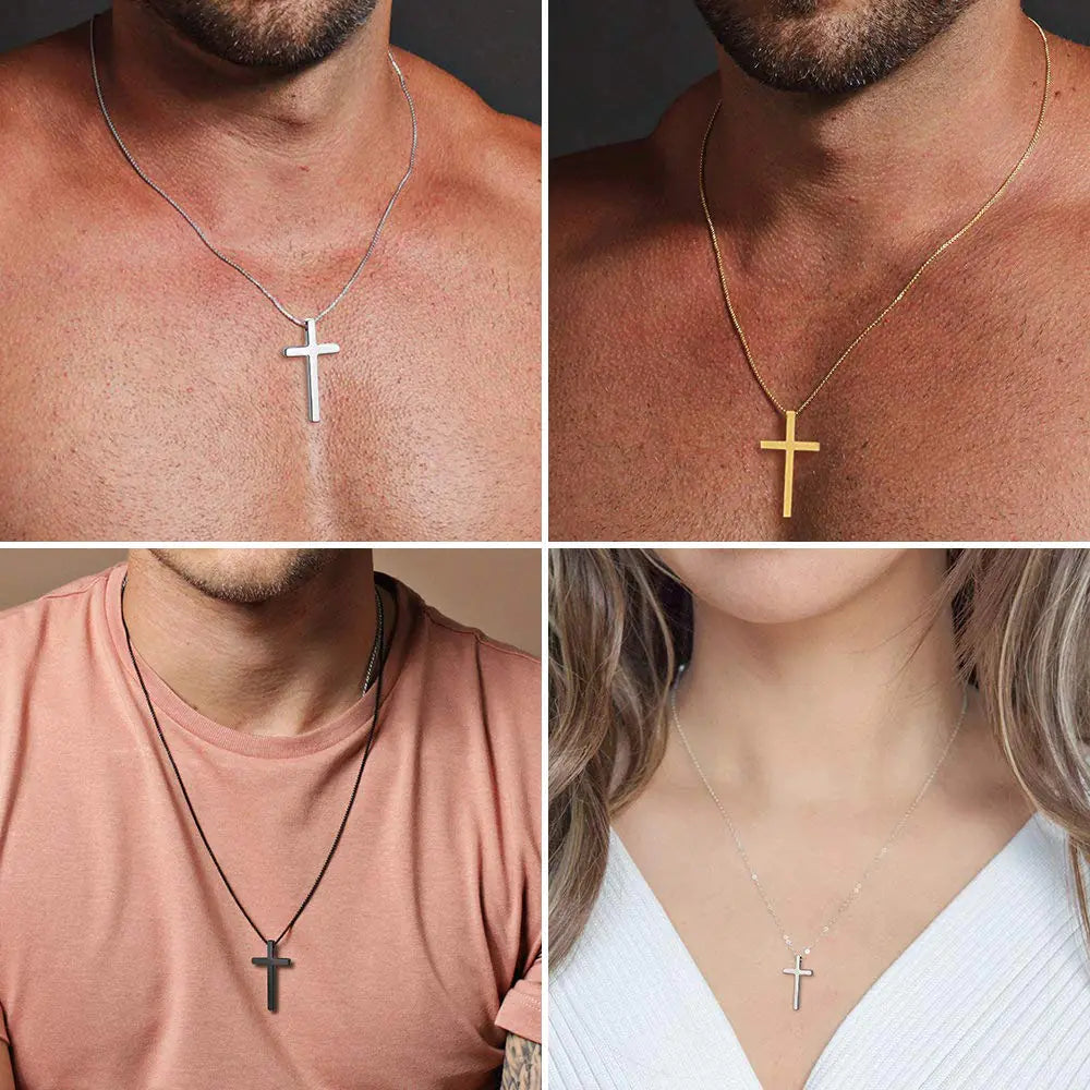 M MOOHAM Cross Necklace for Men, Silver Black Gold Stainless Steel Plain Cross Pendant Necklace for Men Box Chain 16-30 Inch 18 "Gold: Cross Pendant 2.1"*1.2"