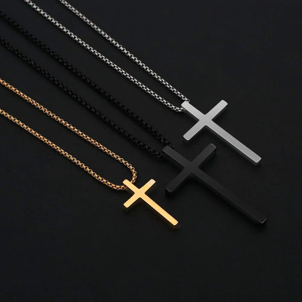 M MOOHAM Cross Necklace for Men, Silver Black Gold Stainless Steel Plain Cross Pendant Necklace for Men Box Chain 16-30 Inch 18 "Gold: Cross Pendant 2.1"*1.2"