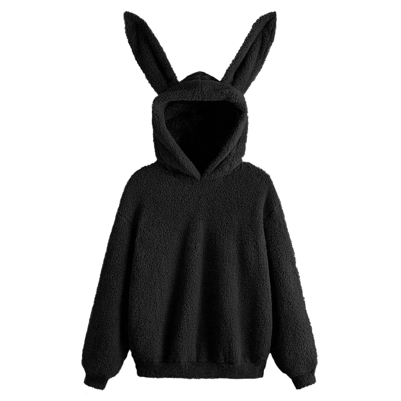 Cute Rabbit Ears Hoodies Women Solid Color Kawaii Kpop Plush Hoodie Long Sleeve Autumn Shaggy Sweatshirt