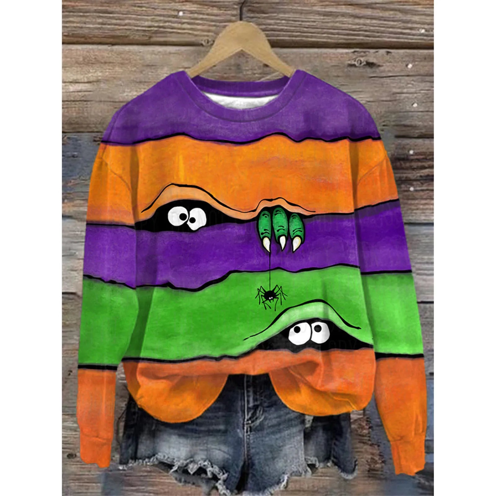 Halloween Striped Dinosaur Spider Colour Block Hoodies O-Neck Long Sleeve Hoodless Sweatshirt Oversize Cute Cartoon Sweatshirt