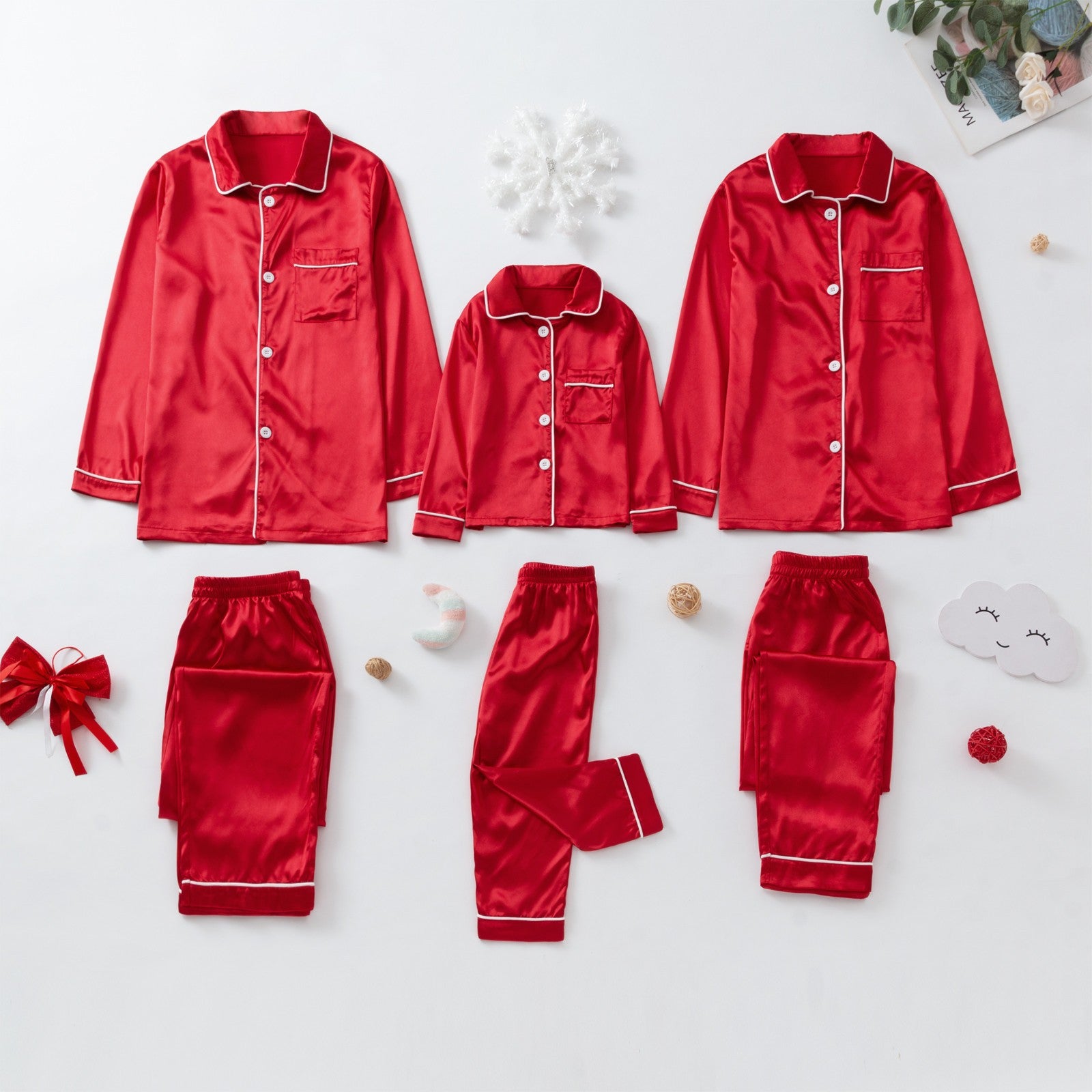 Christmas Pajamas Family Adults Kids Xmas Family Matching Outfits Look Solid Color Imitation Satin Silk Tops Pants Sleepwear