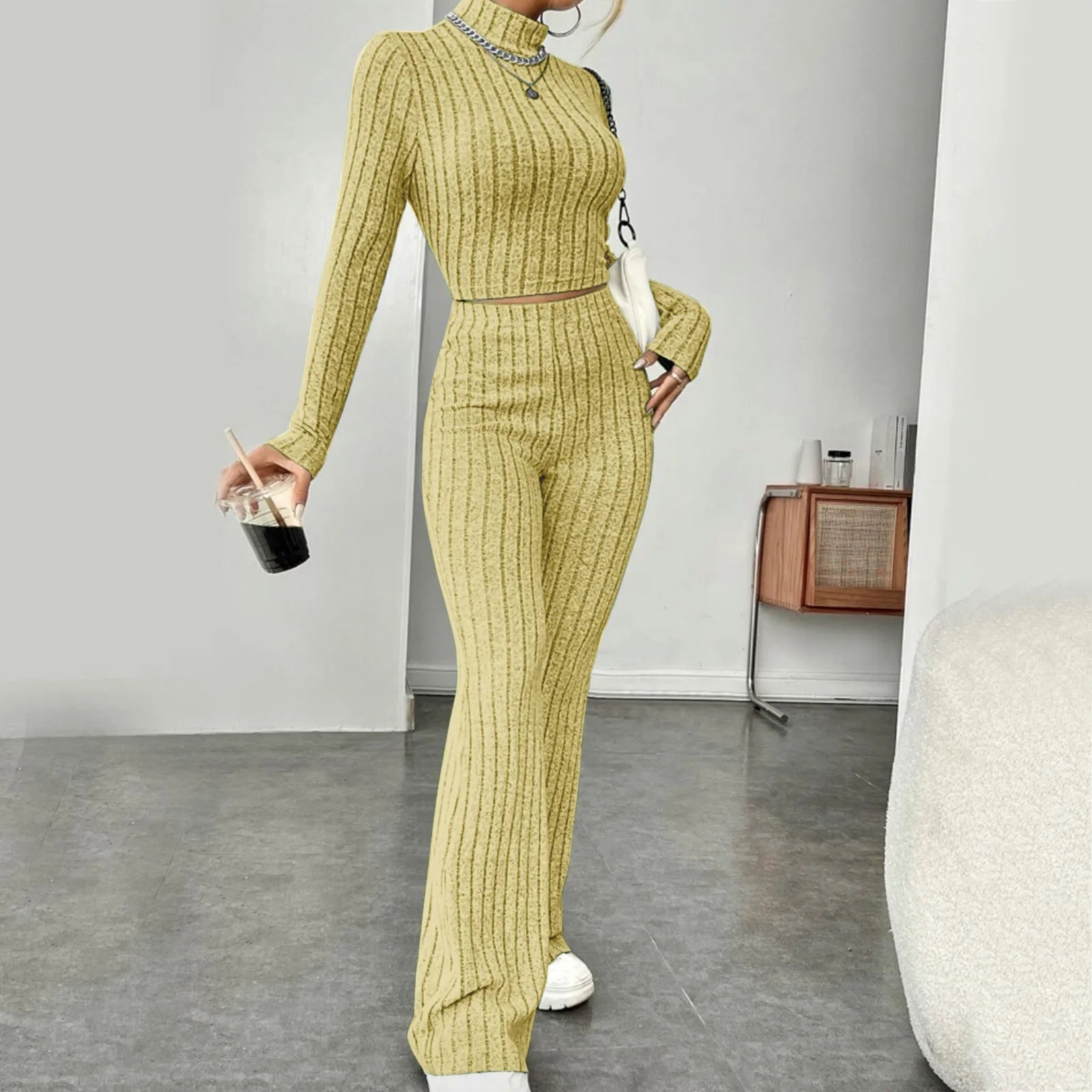 Casual Long Sleeve Knit Tops Pants Set Office Lady Fashion Elegant High Neck Slim Fit Tops Trousers 2 Pieces Set Outfit 2024