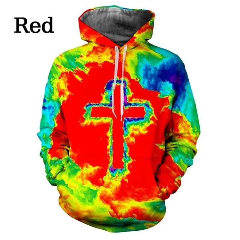 3D Printed Christian Hoodie For Men Colorful Cross Pattern Long Sleeves Fashion Autumn Casual Sweatshirt Loose Pullover Hoodies