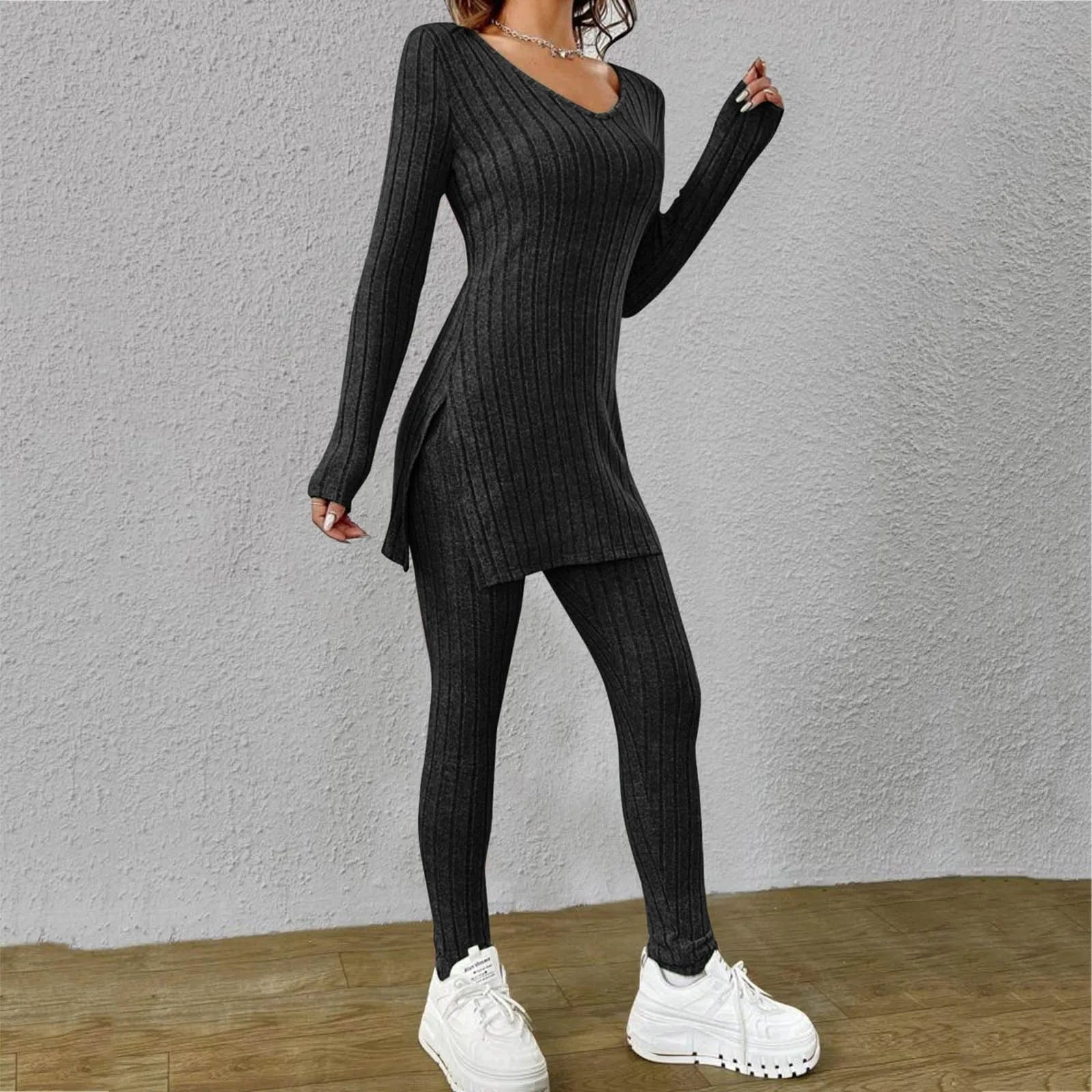 Casual Long Sleeve Knit Tops Pants Set Office Lady Fashion Elegant High Neck Slim Fit Tops Trousers 2 Pieces Set Outfit 2024