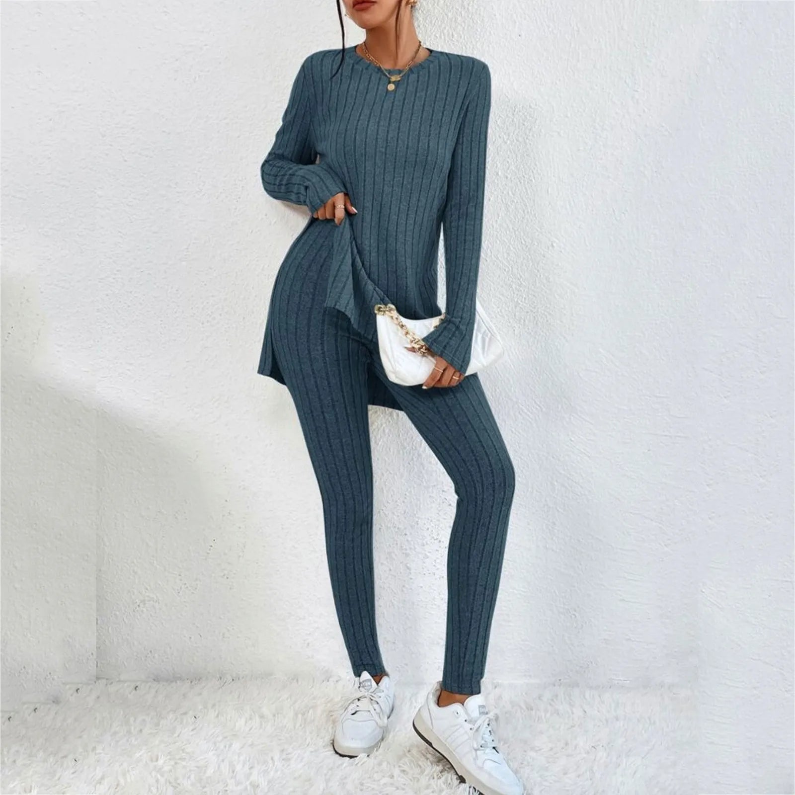 Casual Long Sleeve Knit Tops Pants Set Office Lady Fashion Elegant High Neck Slim Fit Tops Trousers 2 Pieces Set Outfit 2024