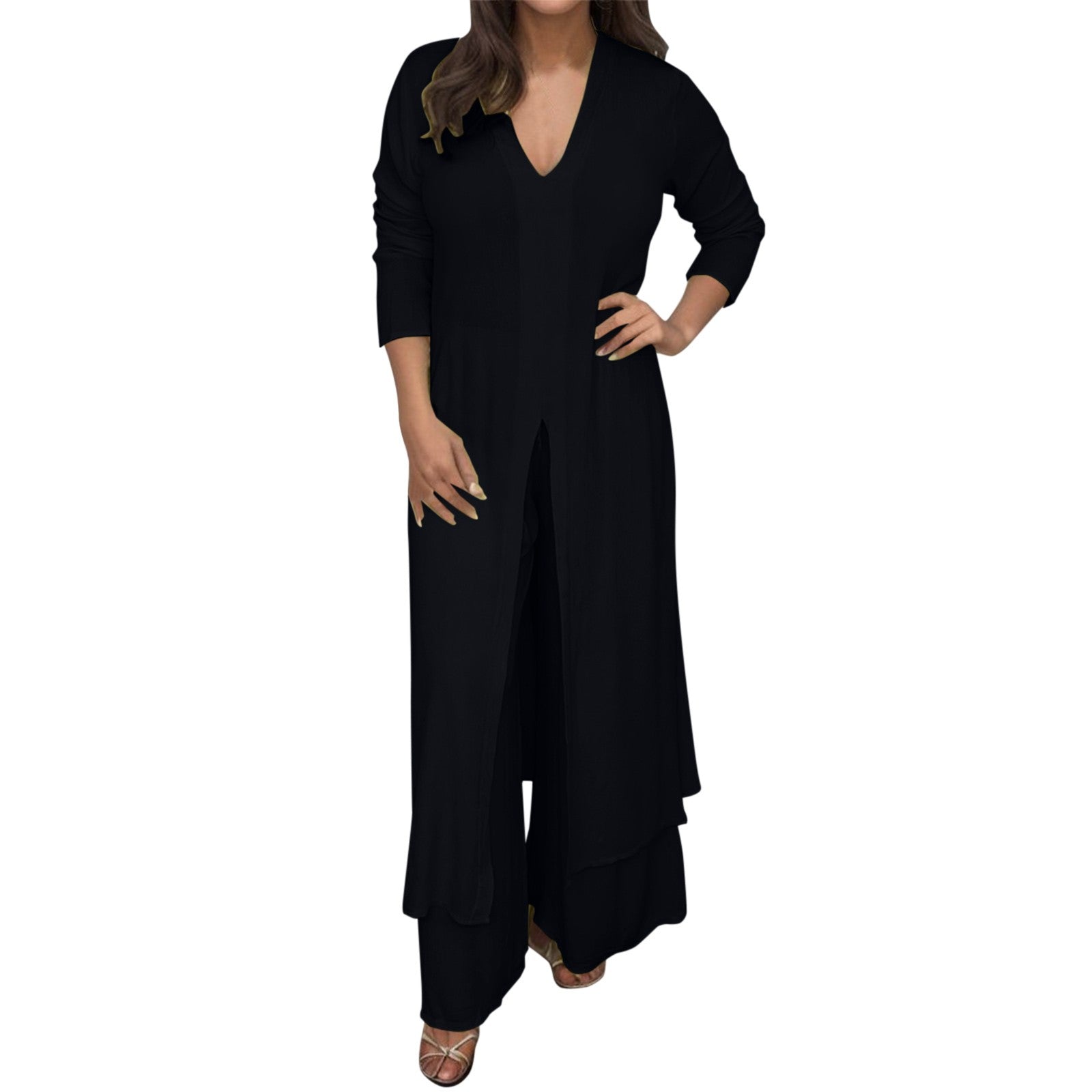 Spring Fall New Women's Set Fashion V-neck Solid Long Sleeve Chiffon Shirt Long Tops+Wide Leg Trousers Suit Casual Two-Piece Set