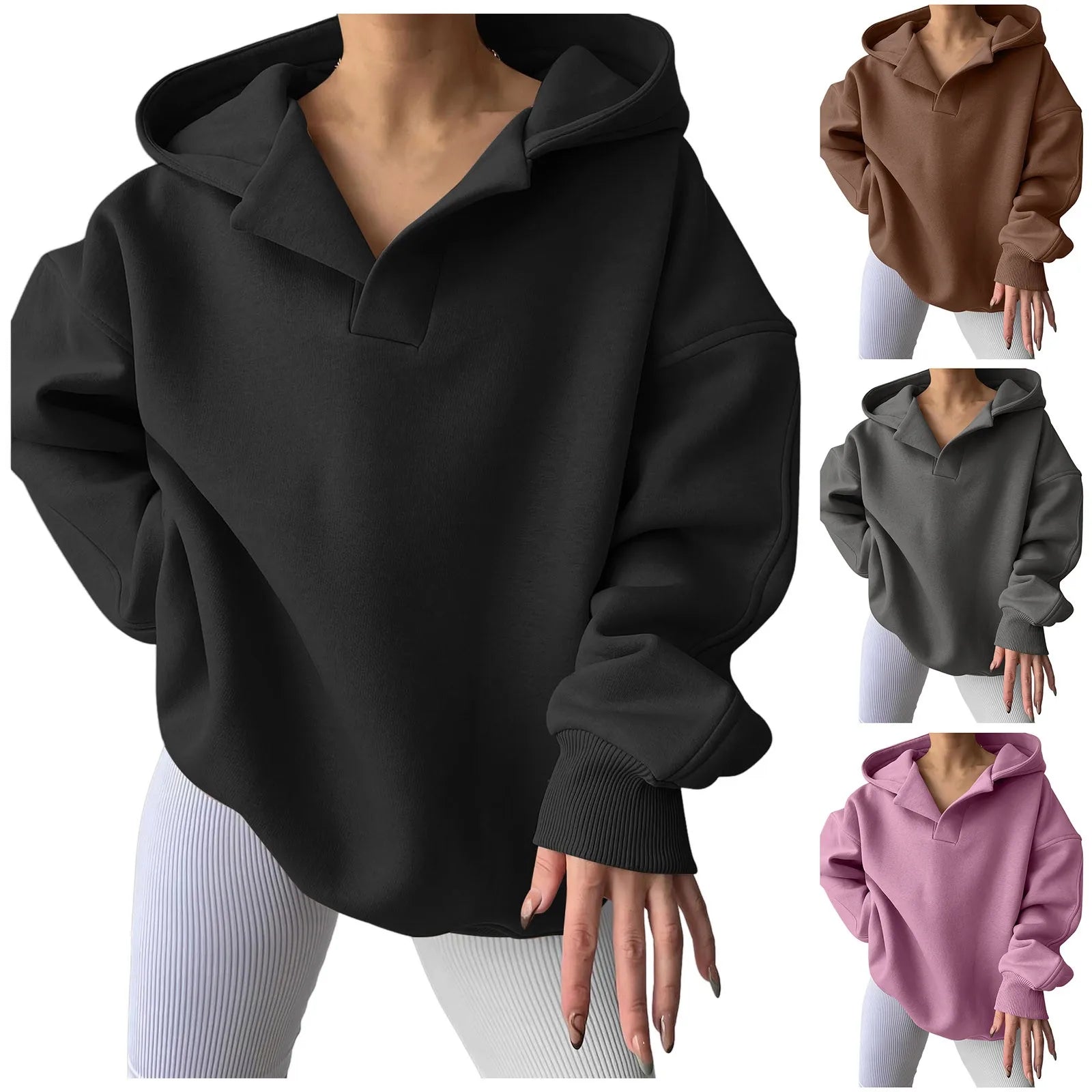 Women'S V Neck Oversized Hoodie With Pocket Fashion Trend Streetwear Classic Style Fleece Lined Sweatshirt Oversized Hoodie