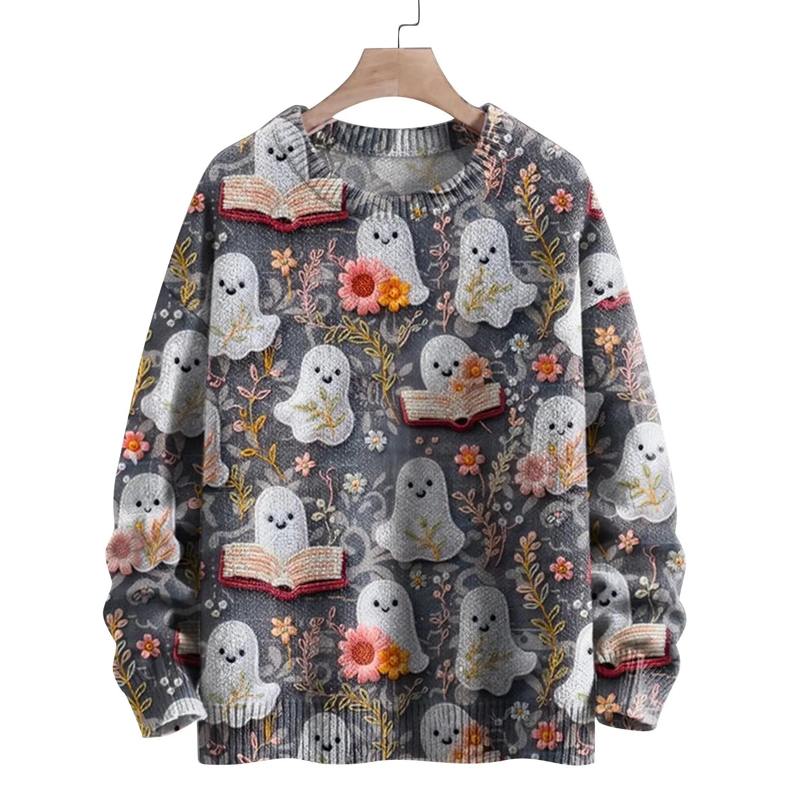 Autumn Women Halloween Theme Cartoon Anime Printed Top Pullover Fashion Striped Thick Knit Round Neck Long Sleeved Sweatshirt