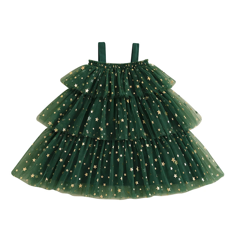 2024-08-06 Lioraitiin Kid Baby Girls Christmas Dress Strap Sleeveless Star Print Lace Layered Tulle Sundress with Plush Ball Hat