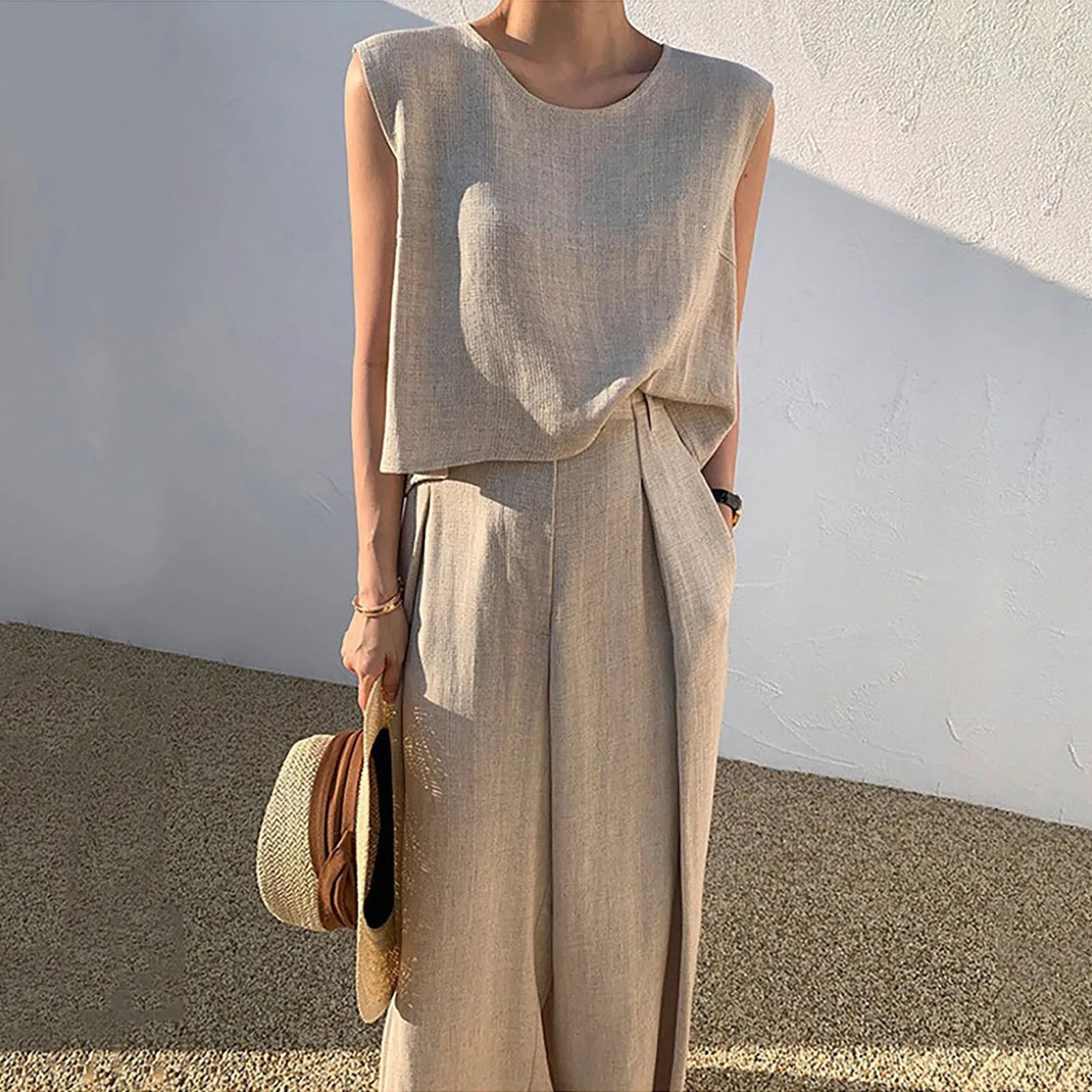 Women Cotton Linen Suits Summer Sleeveless O-Neck Tank Top Wide Leg Pants Two Piece Sets Female Fashion Casual Solid Loose Suits