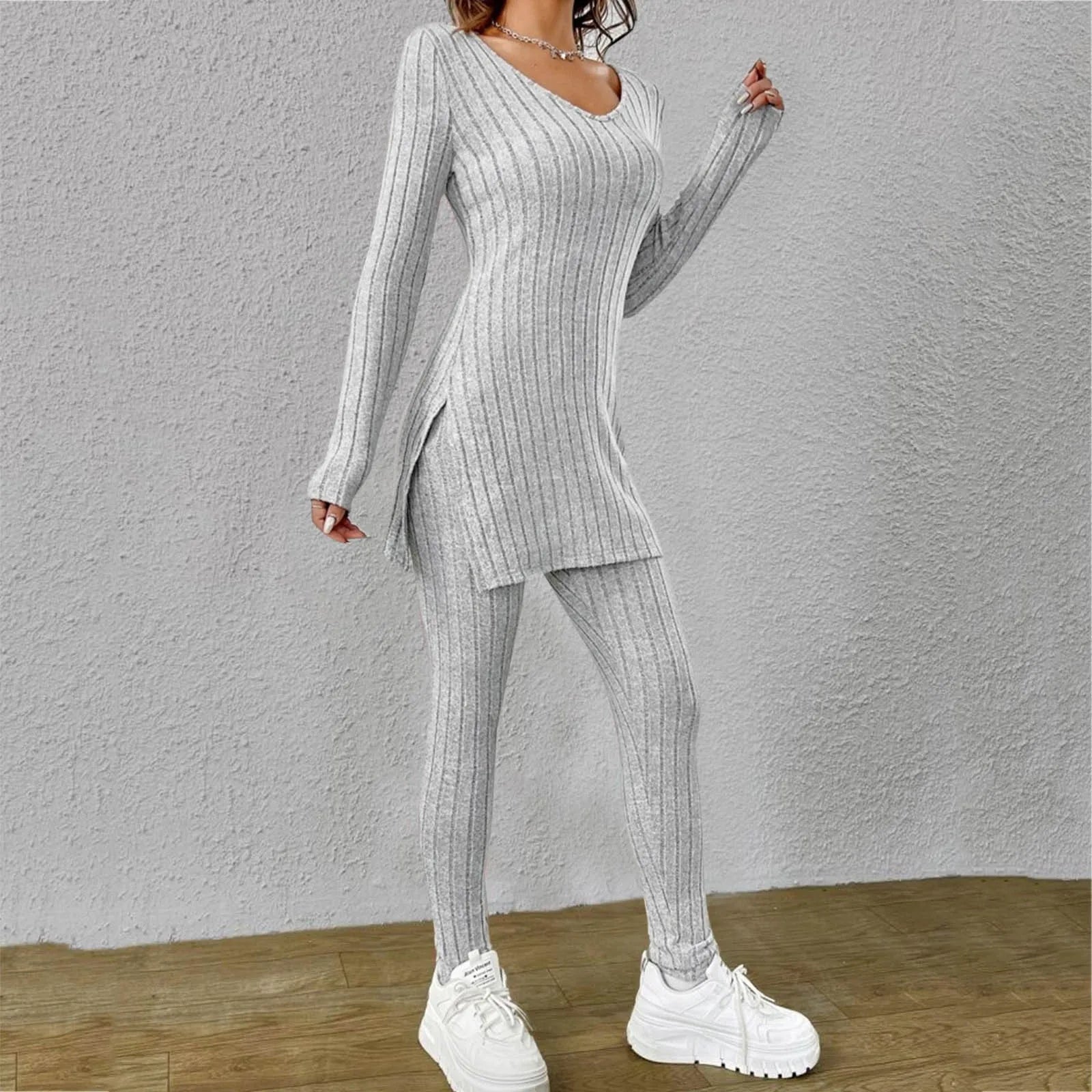 Casual Long Sleeve Knit Tops Pants Set Office Lady Fashion Elegant High Neck Slim Fit Tops Trousers 2 Pieces Set Outfit 2024