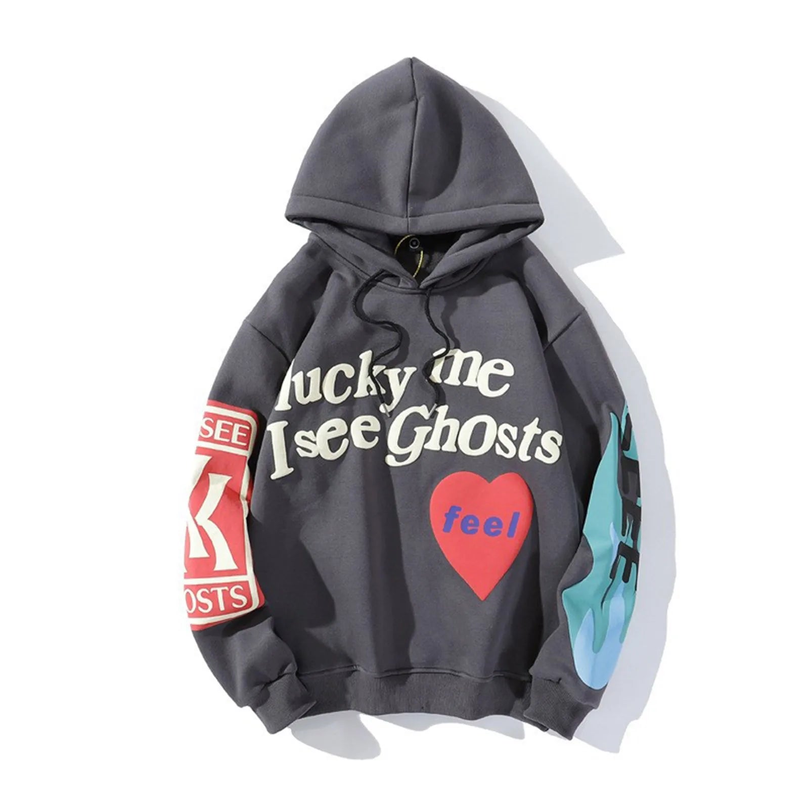 Graffiti Print Padded Sweatshirt Trendy Lucky Me I See Ghosts Graphic Y2k Hoodies American Classic Vintage Couple Sweatshirt