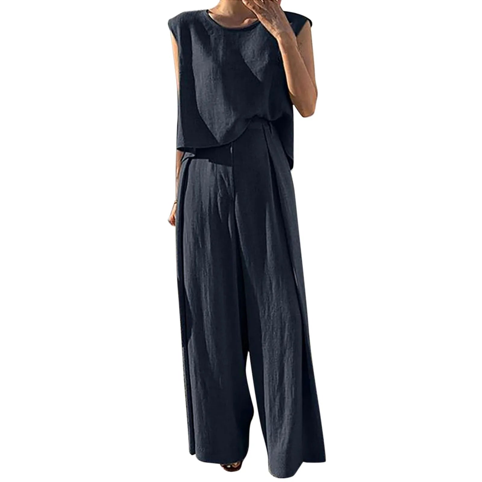 Women Cotton Linen Suits Summer Sleeveless O-Neck Tank Top Wide Leg Pants Two Piece Sets Female Fashion Casual Solid Loose Suits