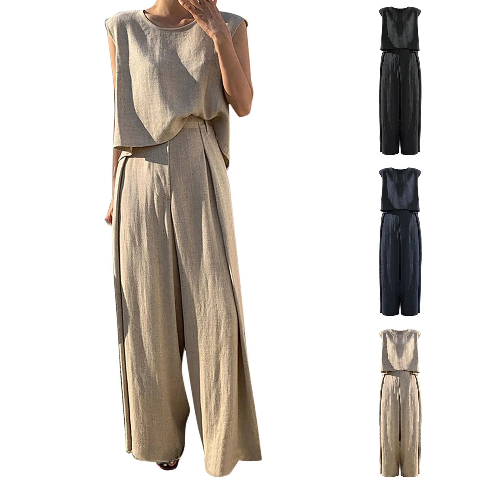 Women Cotton Linen Suits Summer Sleeveless O-Neck Tank Top Wide Leg Pants Two Piece Sets Female Fashion Casual Solid Loose Suits