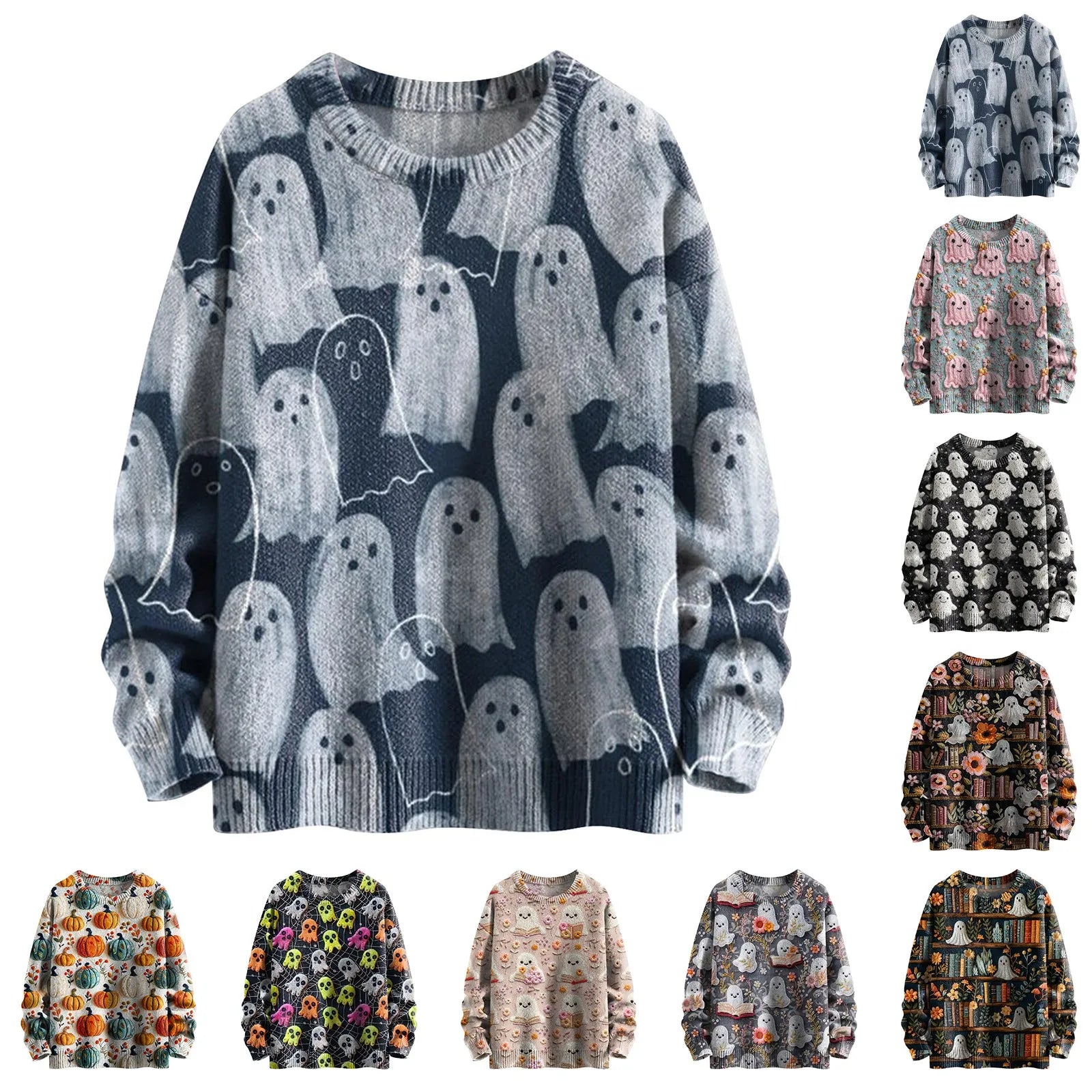 Autumn Women Halloween Theme Cartoon Anime Printed Top Pullover Fashion Striped Thick Knit Round Neck Long Sleeved Sweatshirt