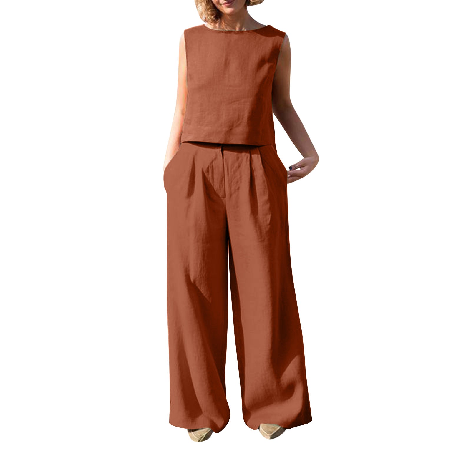 Women Large Size Plain Sleeveless Trousers Suit Cotton Linen Casual Loose Harajuku Tank Top Suit Two Pieces Women Summer Clothes