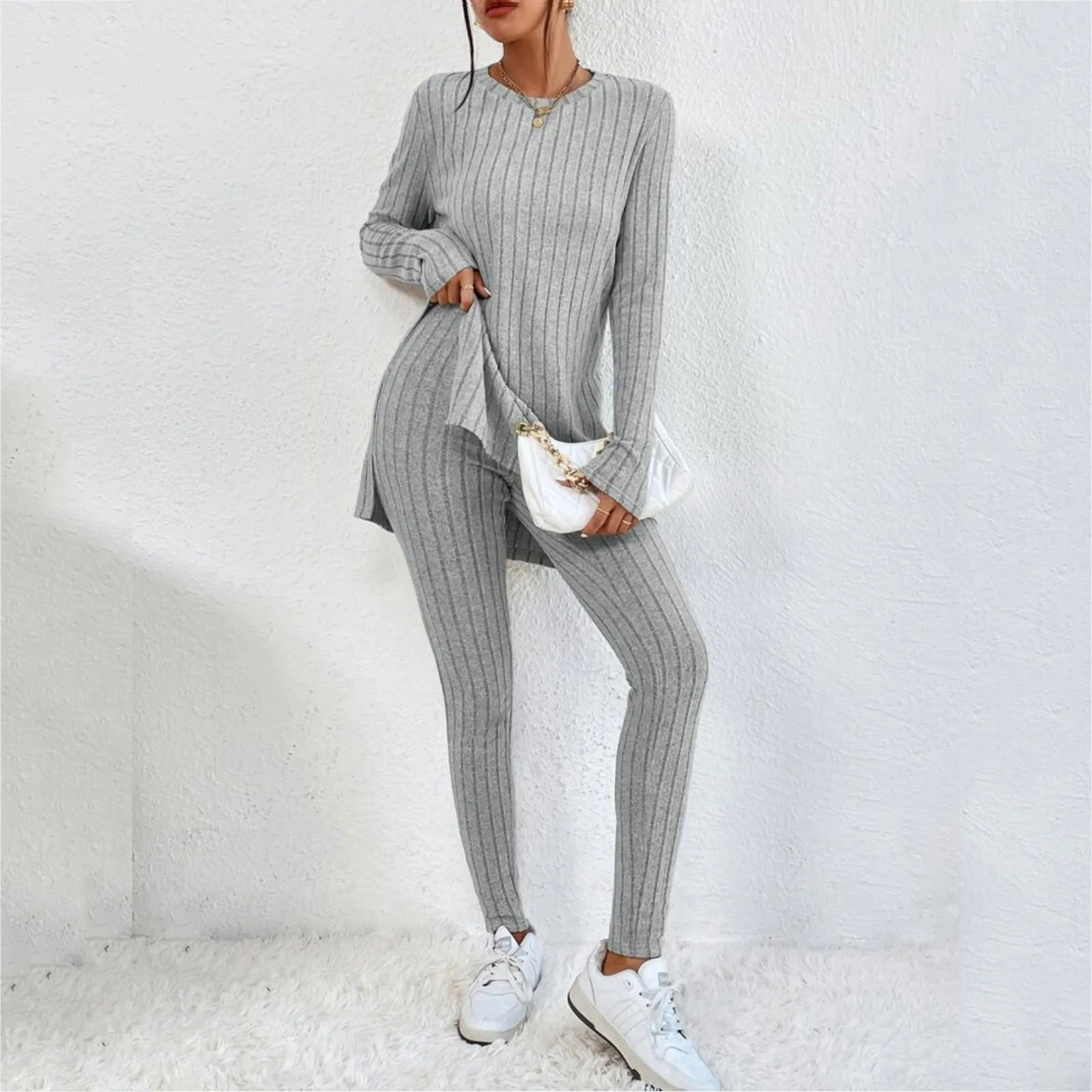 Casual Long Sleeve Knit Tops Pants Set Office Lady Fashion Elegant High Neck Slim Fit Tops Trousers 2 Pieces Set Outfit 2024