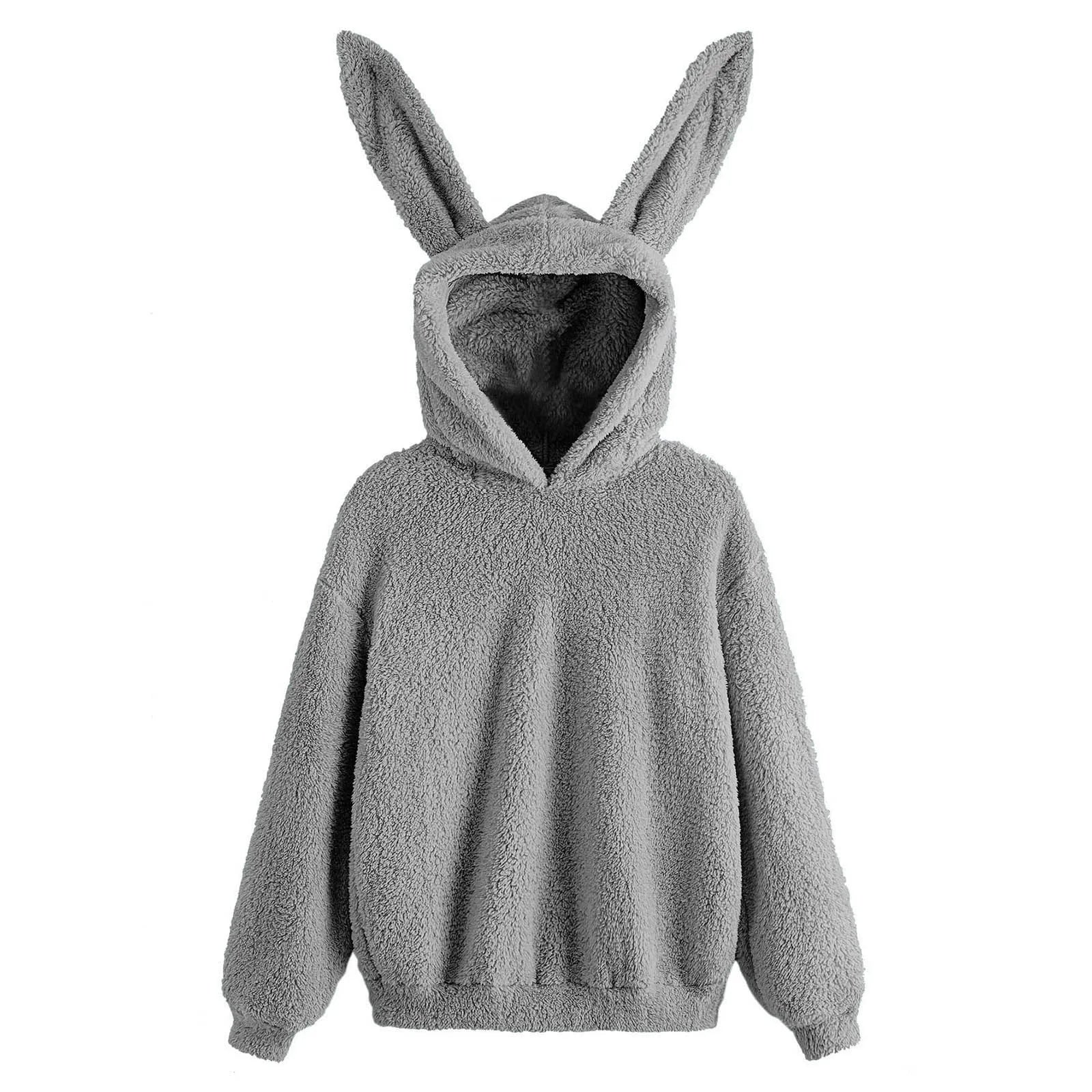 Cute Rabbit Ears Hoodies Women Solid Color Kawaii Kpop Plush Hoodie Long Sleeve Autumn Shaggy Sweatshirt