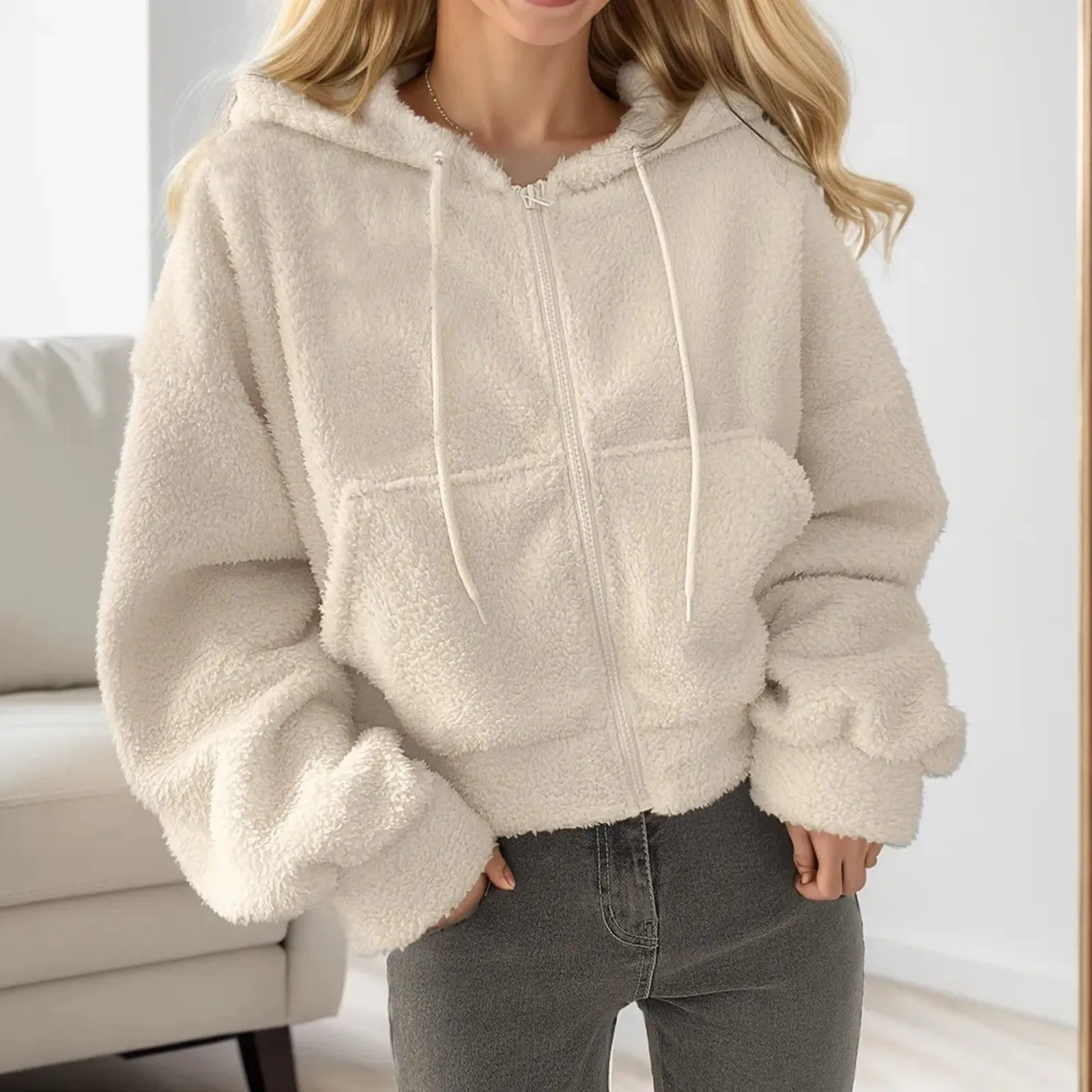 Plush Cropped Hoodie For Women Harajuku Zip Up Sweatshirt Fashion Solid Color Tracksuit Winter Warm Cardigan Streetwear свитшот