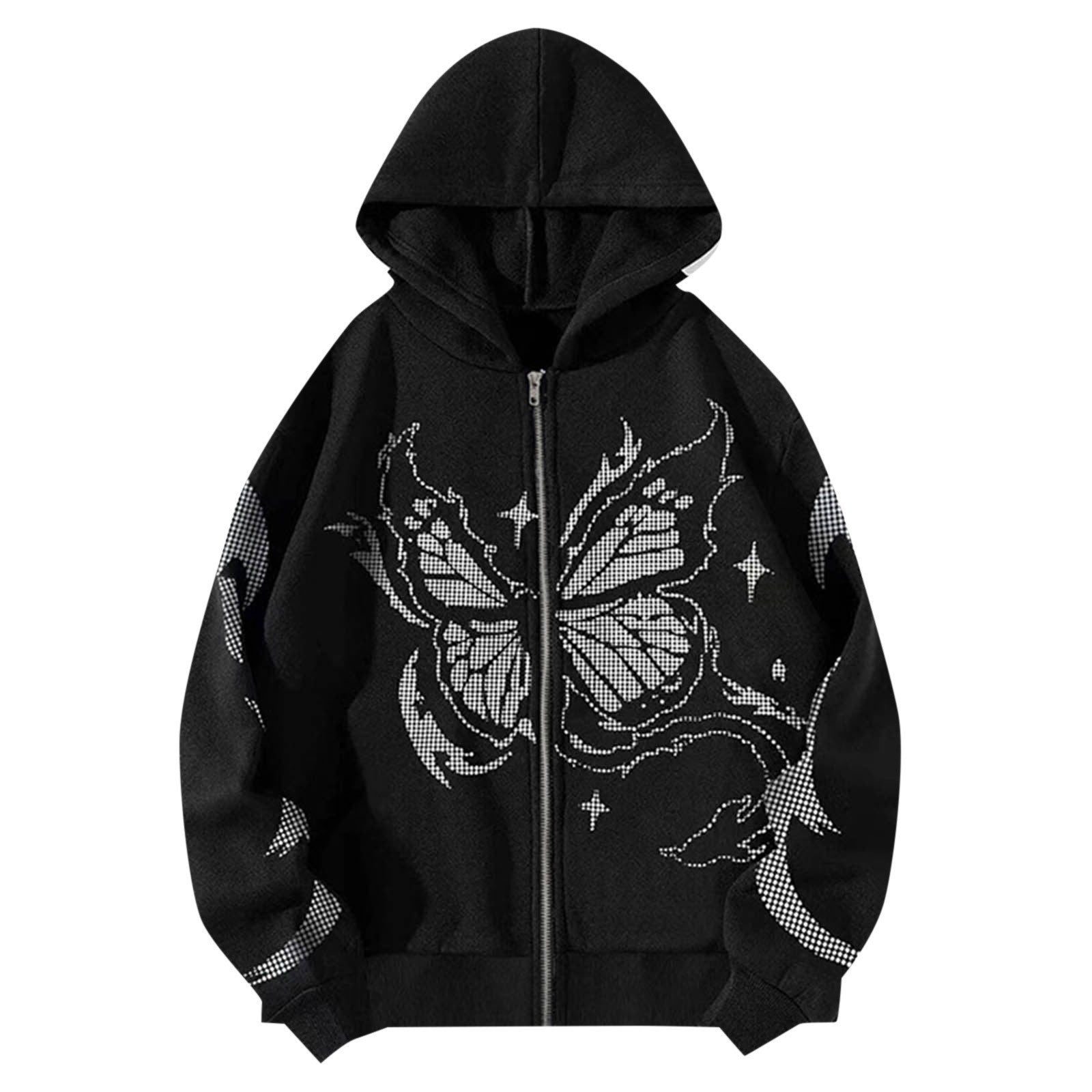 Y2k Women Gothic Black Zip Up Oversize Harajuku Hooded Butterfly Print Sweatshirts Stitch Loose Lovers Wear Hoodie Autumn Winter