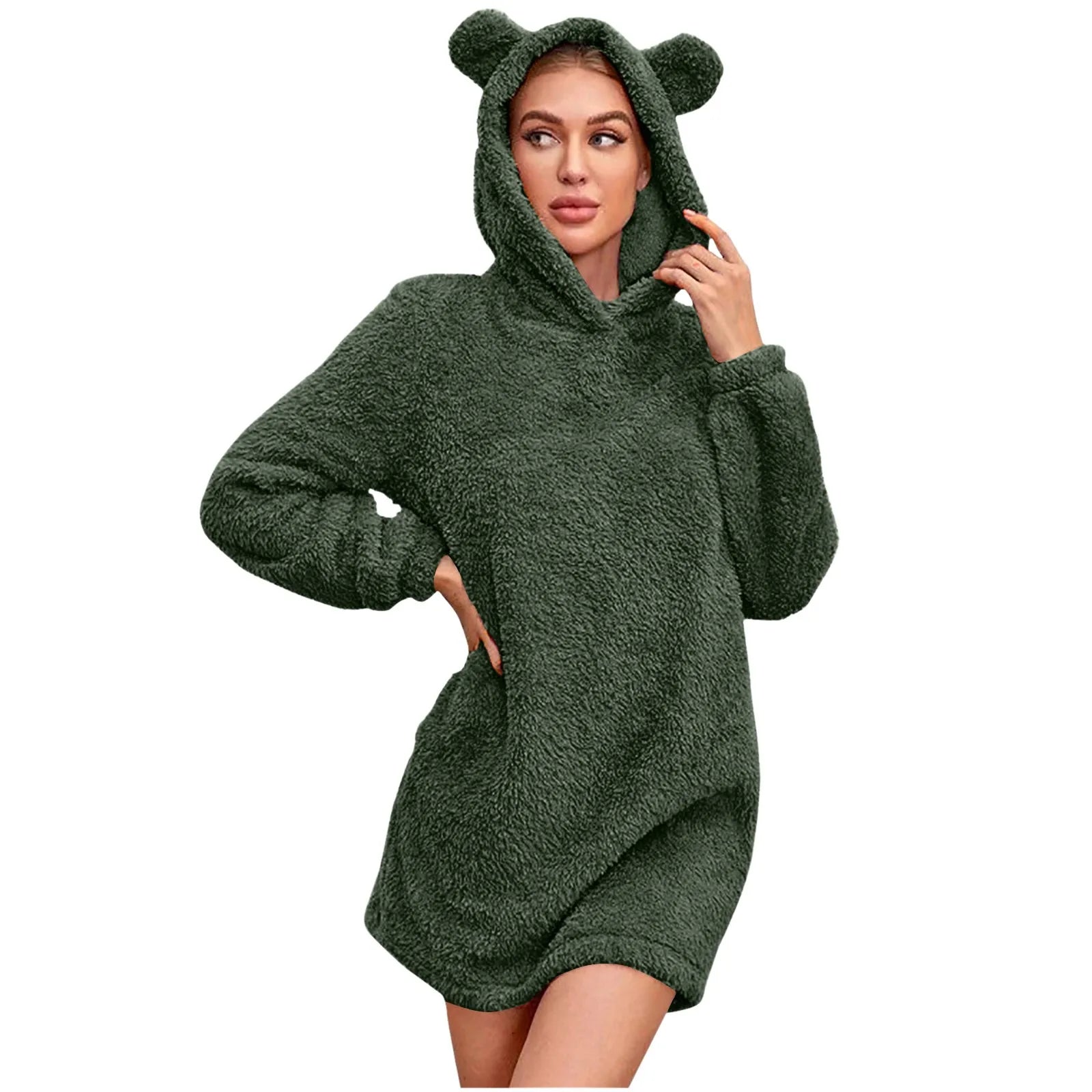 Women Winter Plush Hooded Sweatshirts Fashion Fleece Bear Ear Hoodies Warm Soft Sweater Women Y2k Solid Streetwear Pullovers