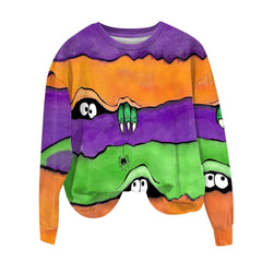 Halloween Striped Dinosaur Spider Colour Block Hoodies O-Neck Long Sleeve Hoodless Sweatshirt Oversize Cute Cartoon Sweatshirt