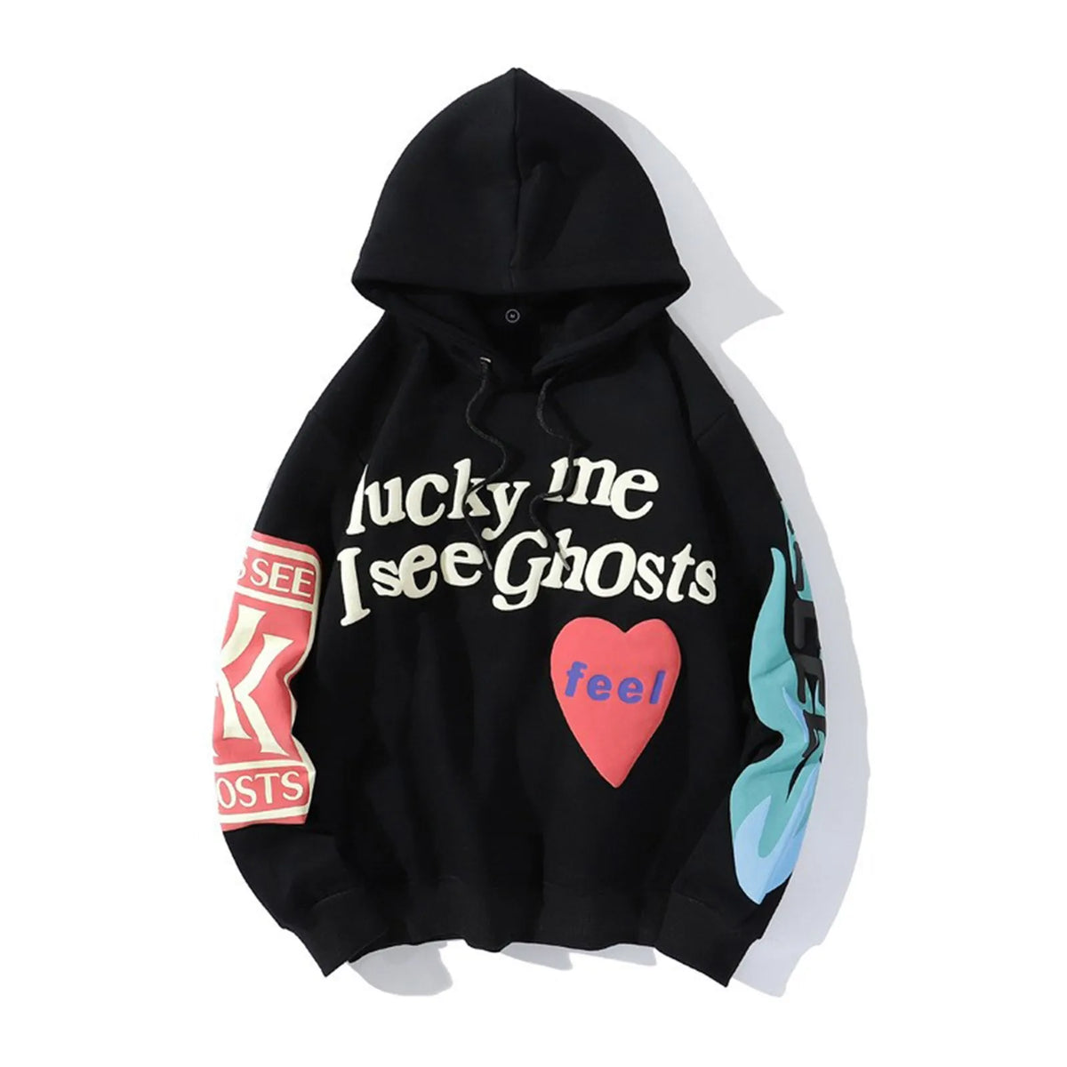 Graffiti Print Padded Sweatshirt Trendy Lucky Me I See Ghosts Graphic Y2k Hoodies American Classic Vintage Couple Sweatshirt