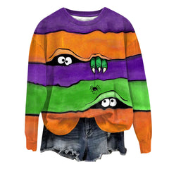 Halloween Striped Dinosaur Spider Colour Block Hoodies O-Neck Long Sleeve Hoodless Sweatshirt Oversize Cute Cartoon Sweatshirt