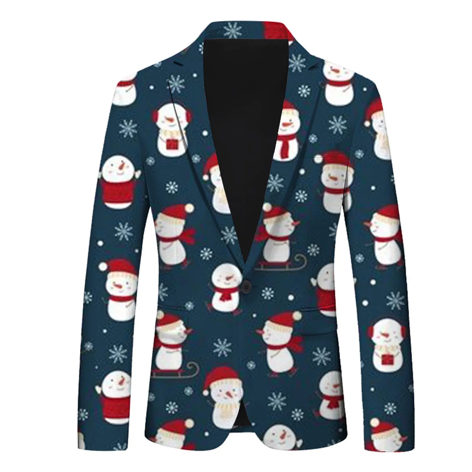 Men's Christmas Snowflake Elk Print Blazer Jackets With Pocket Elegance Slim One Button Laple Suit Coat Plus Size Party Outwears