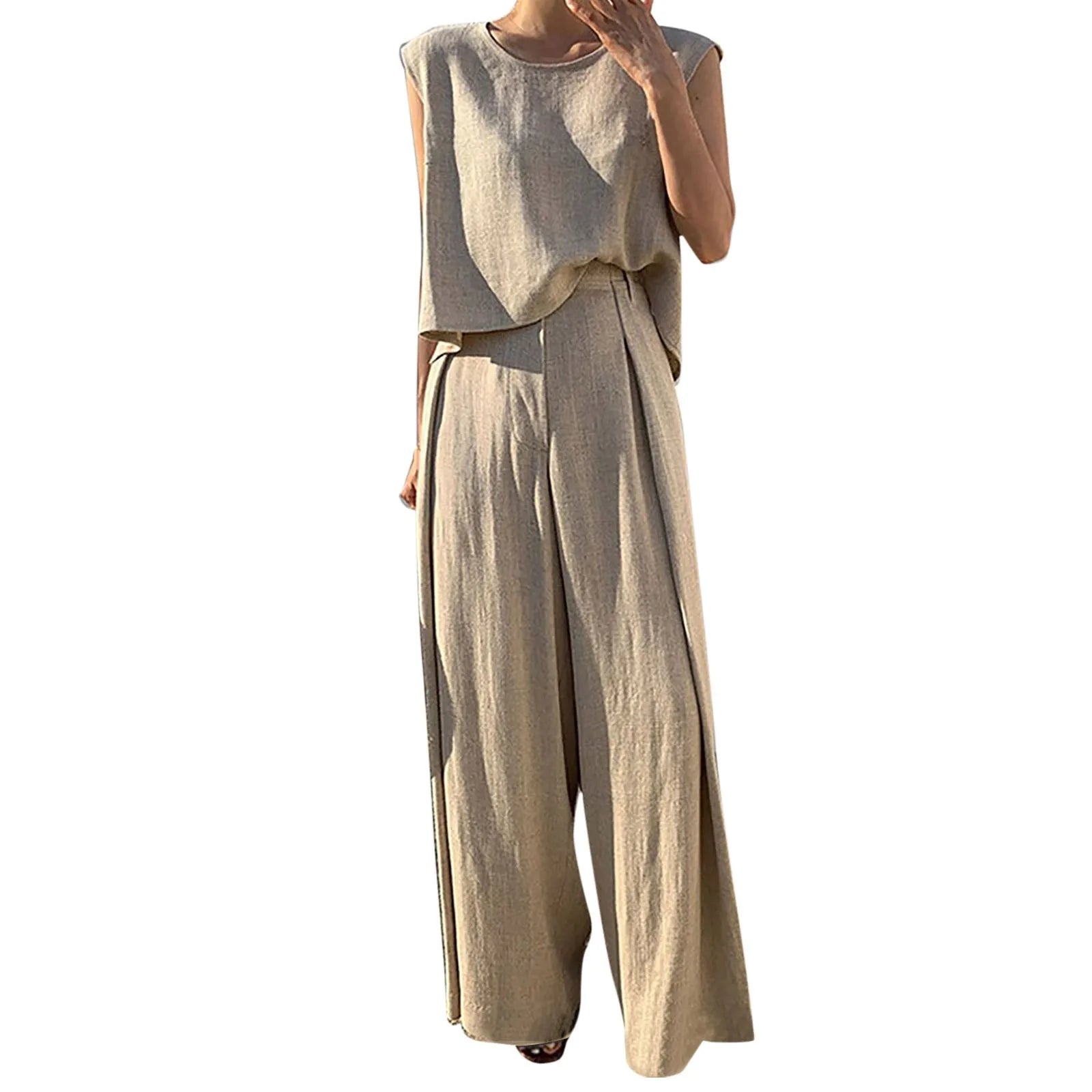 Women Cotton Linen Suits Summer Sleeveless O-Neck Tank Top Wide Leg Pants Two Piece Sets Female Fashion Casual Solid Loose Suits