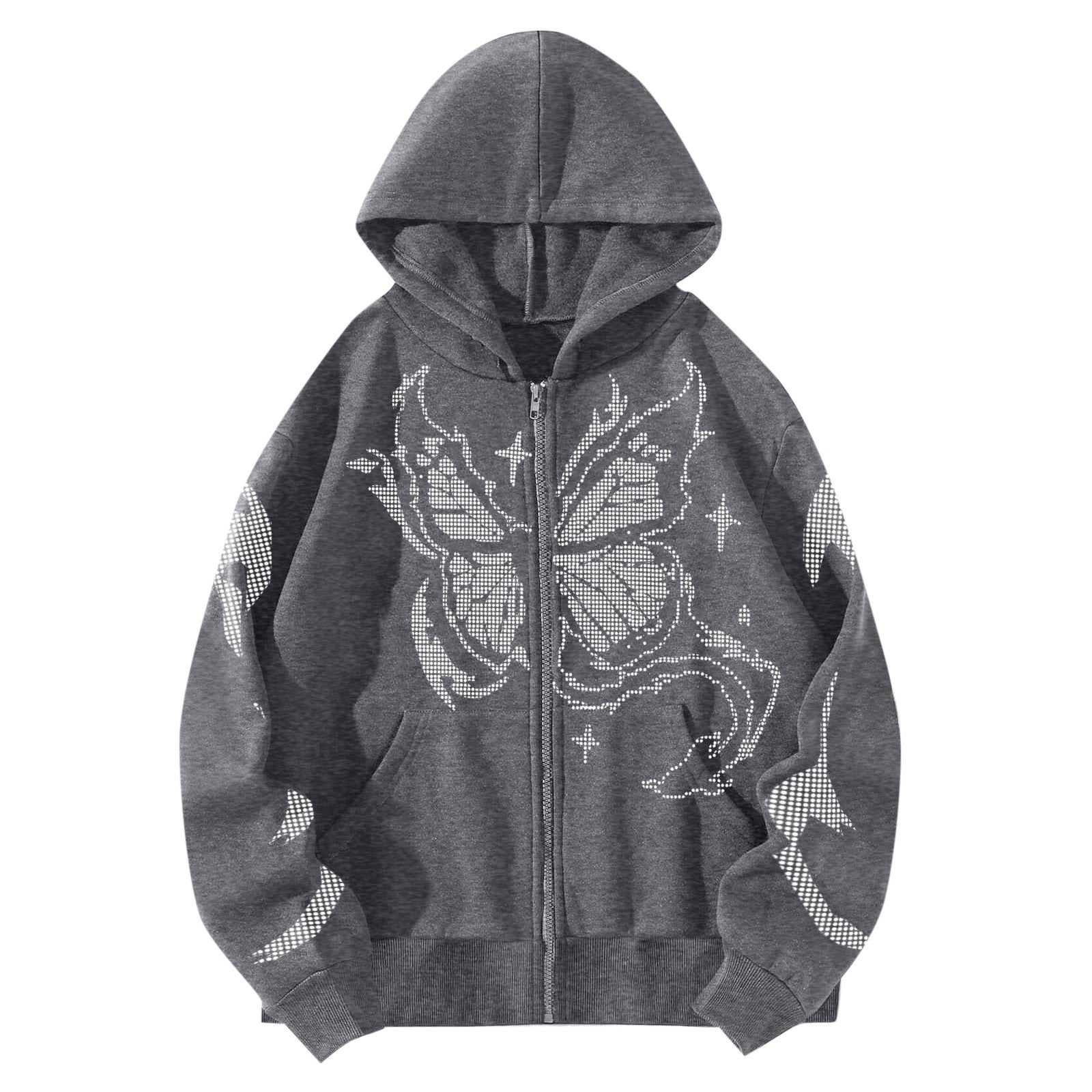 Y2k Women Gothic Black Zip Up Oversize Harajuku Hooded Butterfly Print Sweatshirts Stitch Loose Lovers Wear Hoodie Autumn Winter