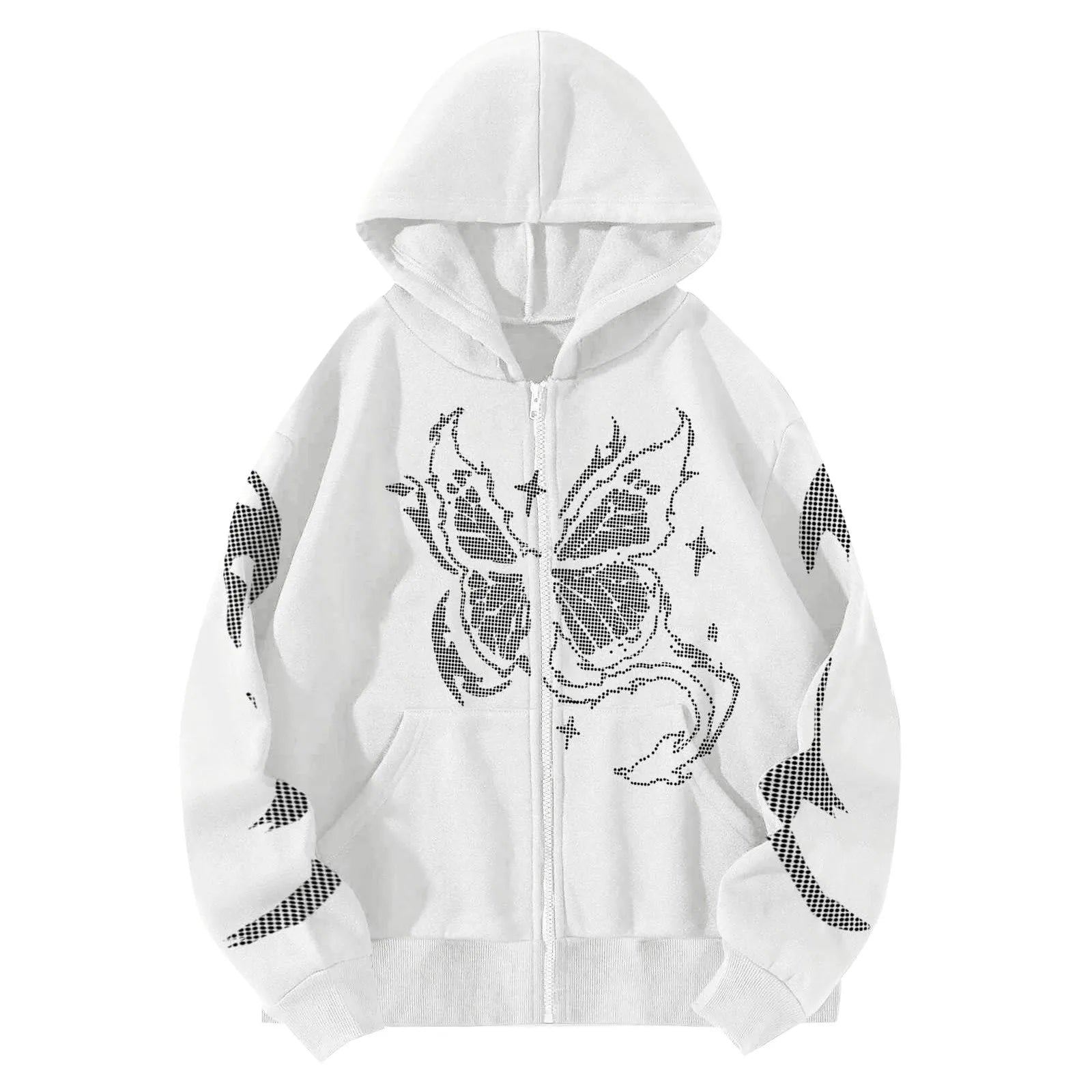 Y2k Women Gothic Black Zip Up Oversize Harajuku Hooded Butterfly Print Sweatshirts Stitch Loose Lovers Wear Hoodie Autumn Winter