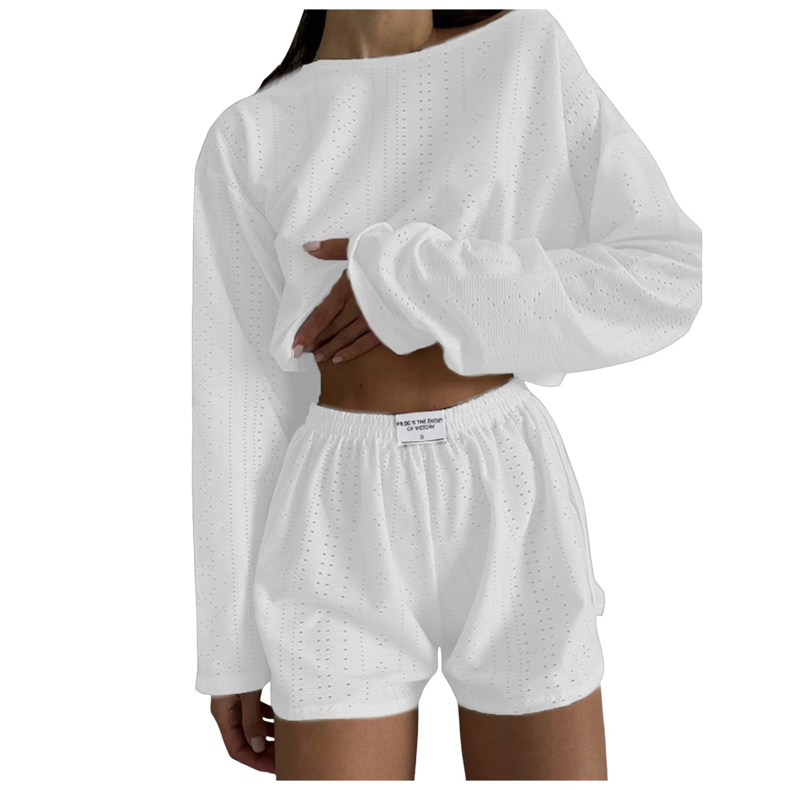 Womens Summer Fashion Casual Two Piece Outfits Casual Shorts Set O Neck Long Sleeve Tops And Shorts Swim Short Suits for Women