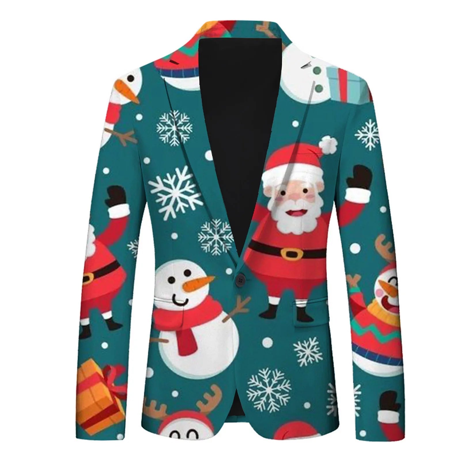 Men's Christmas Snowflake Elk Print Blazer Jackets With Pocket Elegance Slim One Button Laple Suit Coat Plus Size Party Outwears