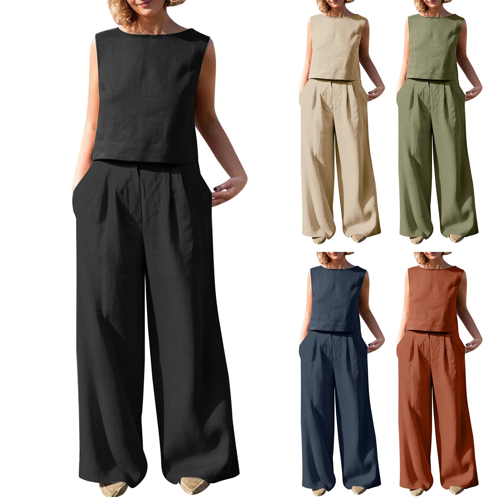 Women Large Size Plain Sleeveless Trousers Suit Cotton Linen Casual Loose Harajuku Tank Top Suit Two Pieces Women Summer Clothes