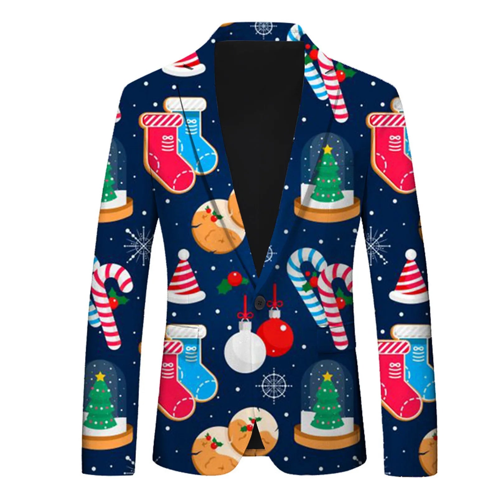 Men's Christmas Snowflake Elk Print Blazer Jackets With Pocket Elegance Slim One Button Laple Suit Coat Plus Size Party Outwears