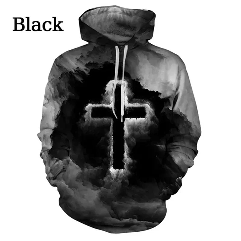 3D Printed Christian Hoodie For Men Colorful Cross Pattern Long Sleeves Fashion Autumn Casual Sweatshirt Loose Pullover Hoodies