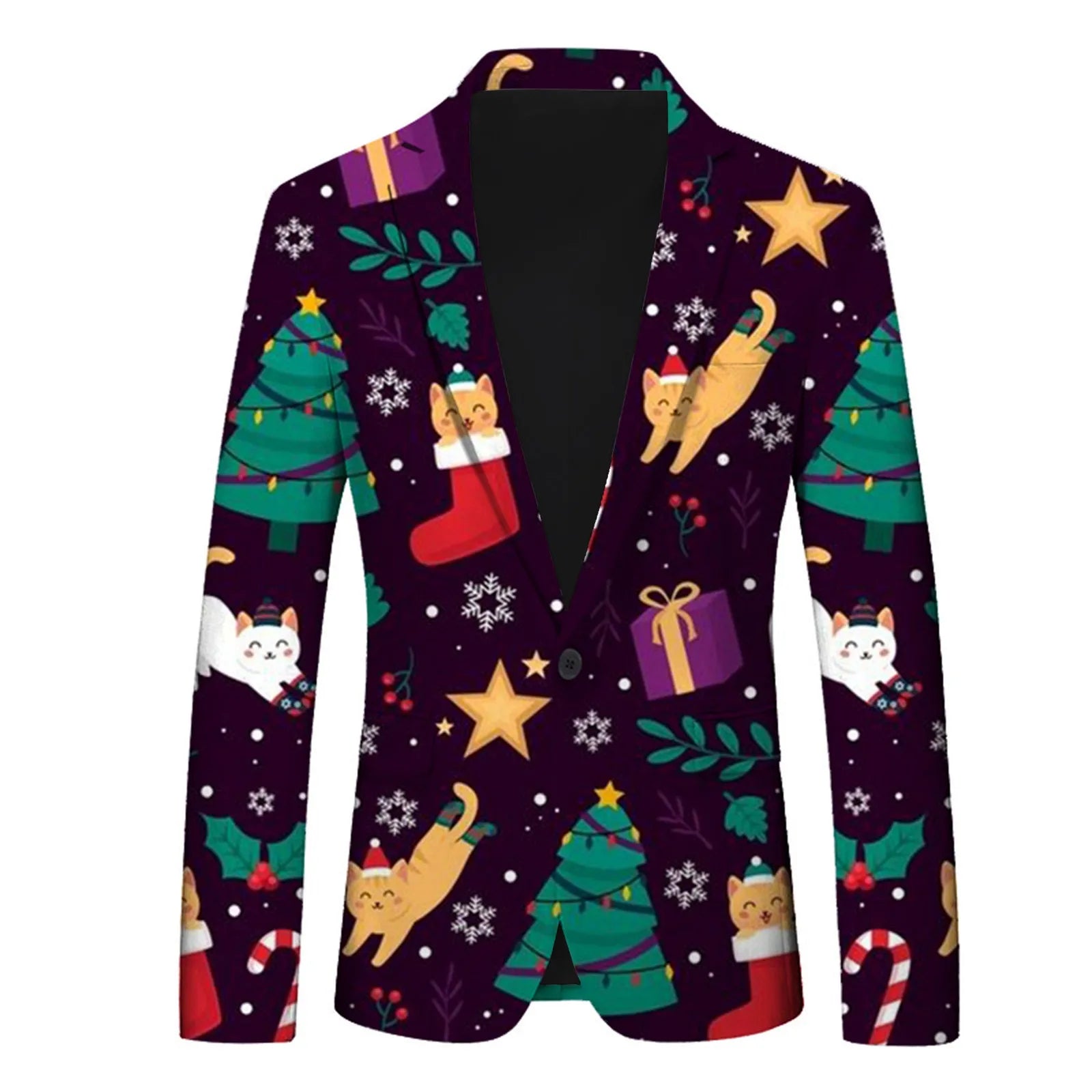 Men's Christmas Snowflake Elk Print Blazer Jackets With Pocket Elegance Slim One Button Laple Suit Coat Plus Size Party Outwears