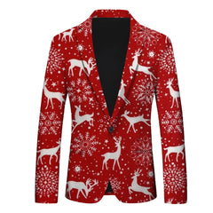 Men's Christmas Snowflake Elk Print Blazer Jackets With Pocket Elegance Slim One Button Laple Suit Coat Plus Size Party Outwears