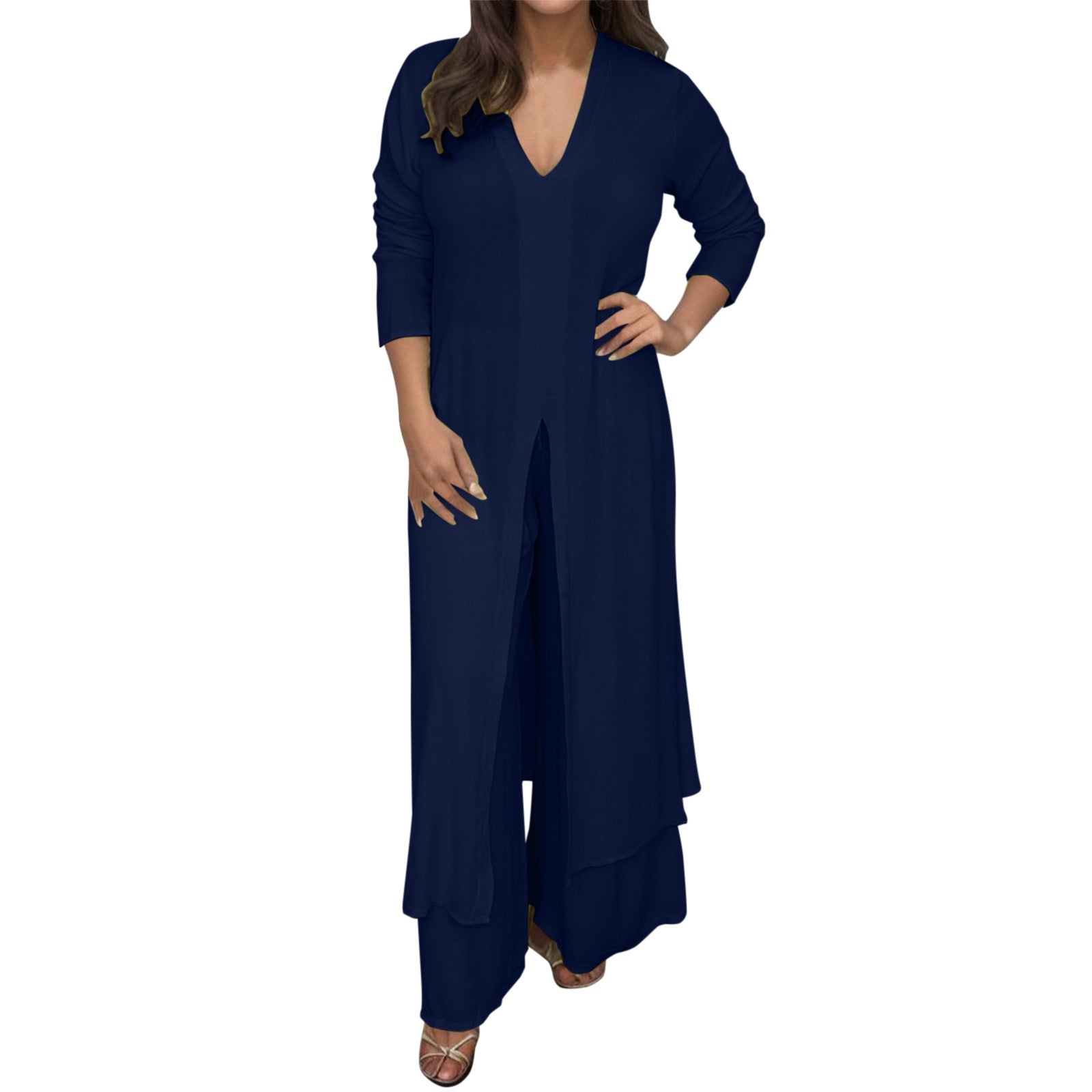 Spring Fall New Women's Set Fashion V-neck Solid Long Sleeve Chiffon Shirt Long Tops+Wide Leg Trousers Suit Casual Two-Piece Set