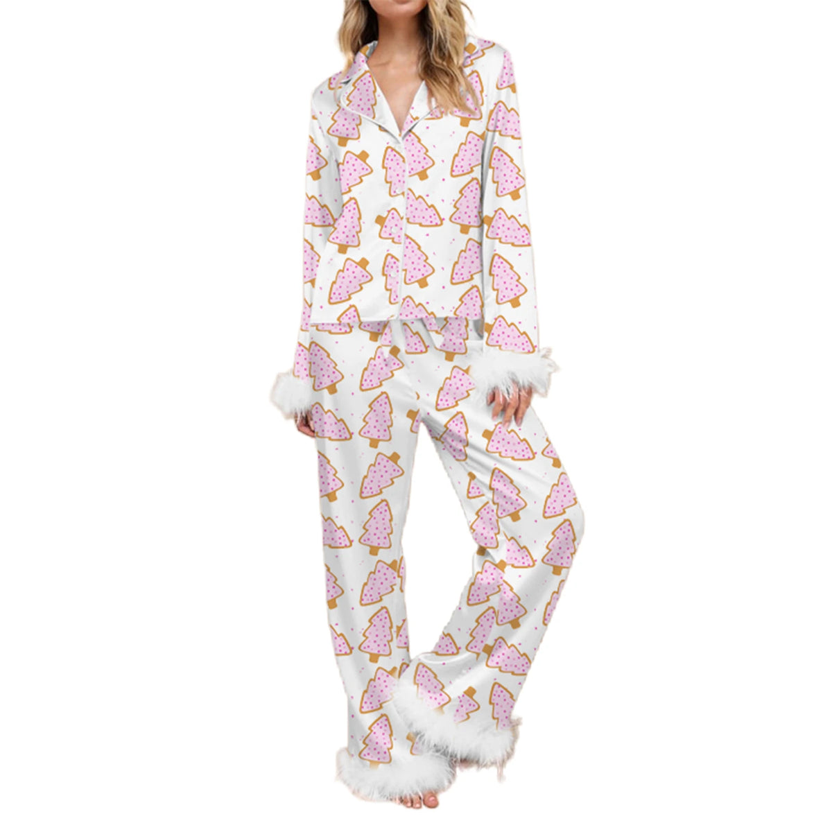 Women Christmas Pajamas Lounge Set Santa Christmas Tree Boots Print Shirts Tops and Pants 2 Piece Loungewear Outfits