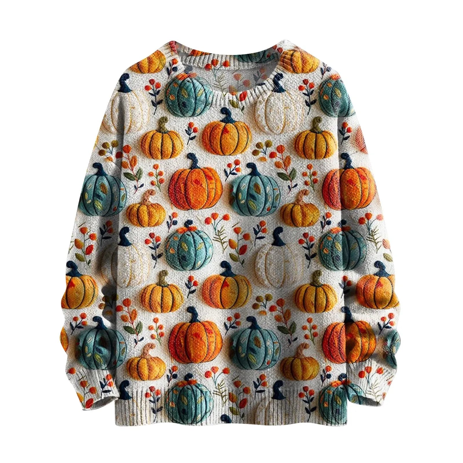 Autumn Women Halloween Theme Cartoon Anime Printed Top Pullover Fashion Striped Thick Knit Round Neck Long Sleeved Sweatshirt