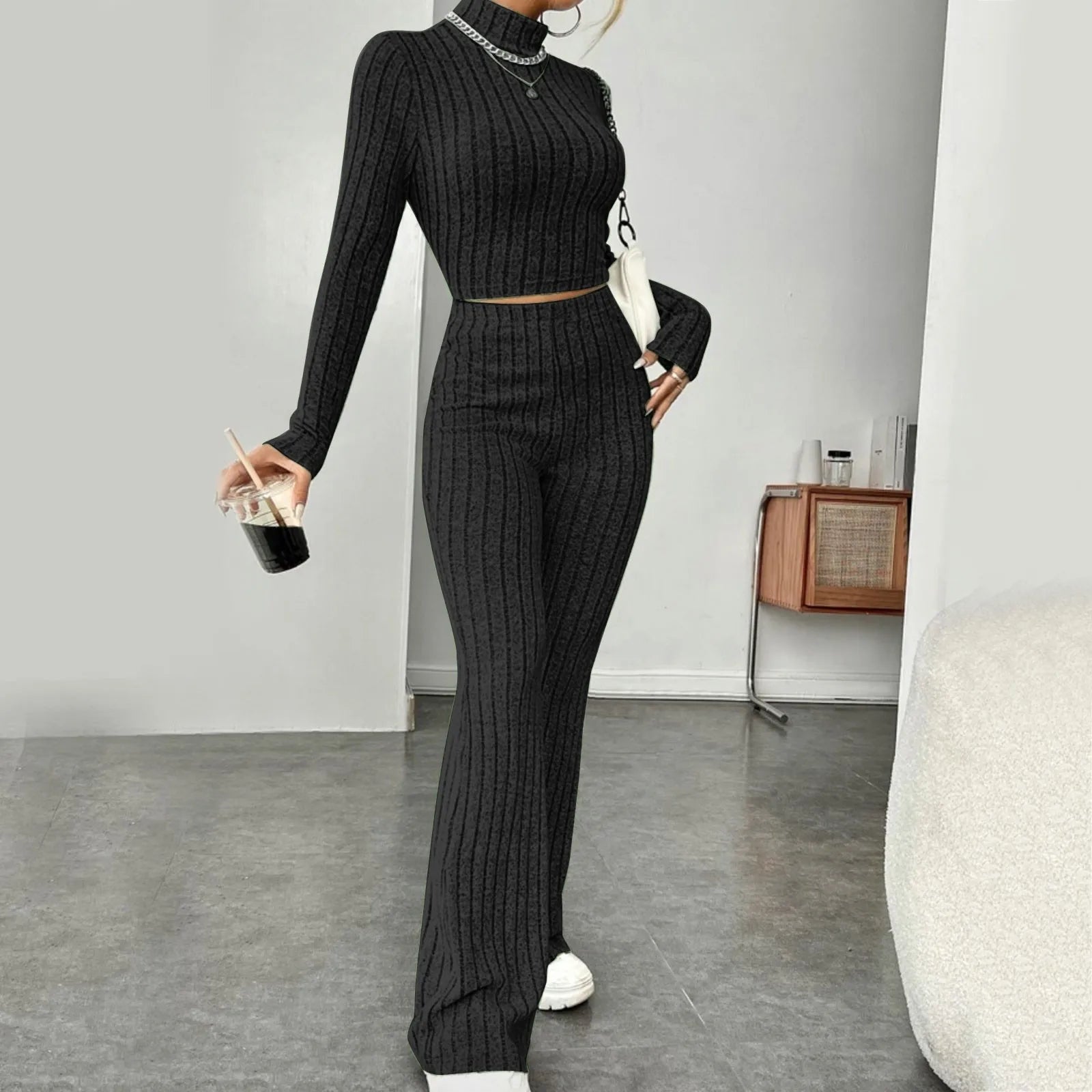 Casual Long Sleeve Knit Tops Pants Set Office Lady Fashion Elegant High Neck Slim Fit Tops Trousers 2 Pieces Set Outfit 2024