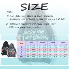 Graffiti Print Padded Sweatshirt Trendy Lucky Me I See Ghosts Graphic Y2k Hoodies American Classic Vintage Couple Sweatshirt