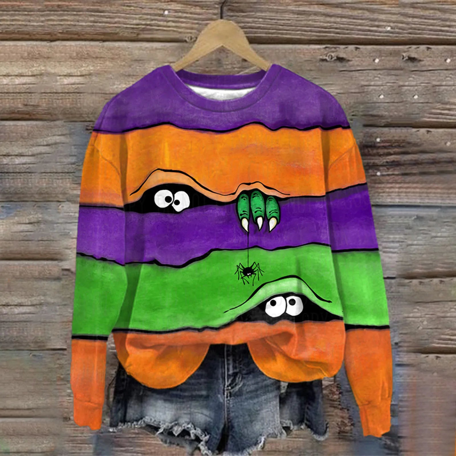 Spider Peeping Eyes Print Women Sweater Spring Autumn Long Sleeve Crewncek Pullover Tops Plus Size Color Block Clothes Halloween