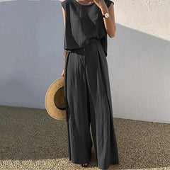 Women Cotton Linen Suits Summer Sleeveless O-Neck Tank Top Wide Leg Pants Two Piece Sets Female Fashion Casual Solid Loose Suits