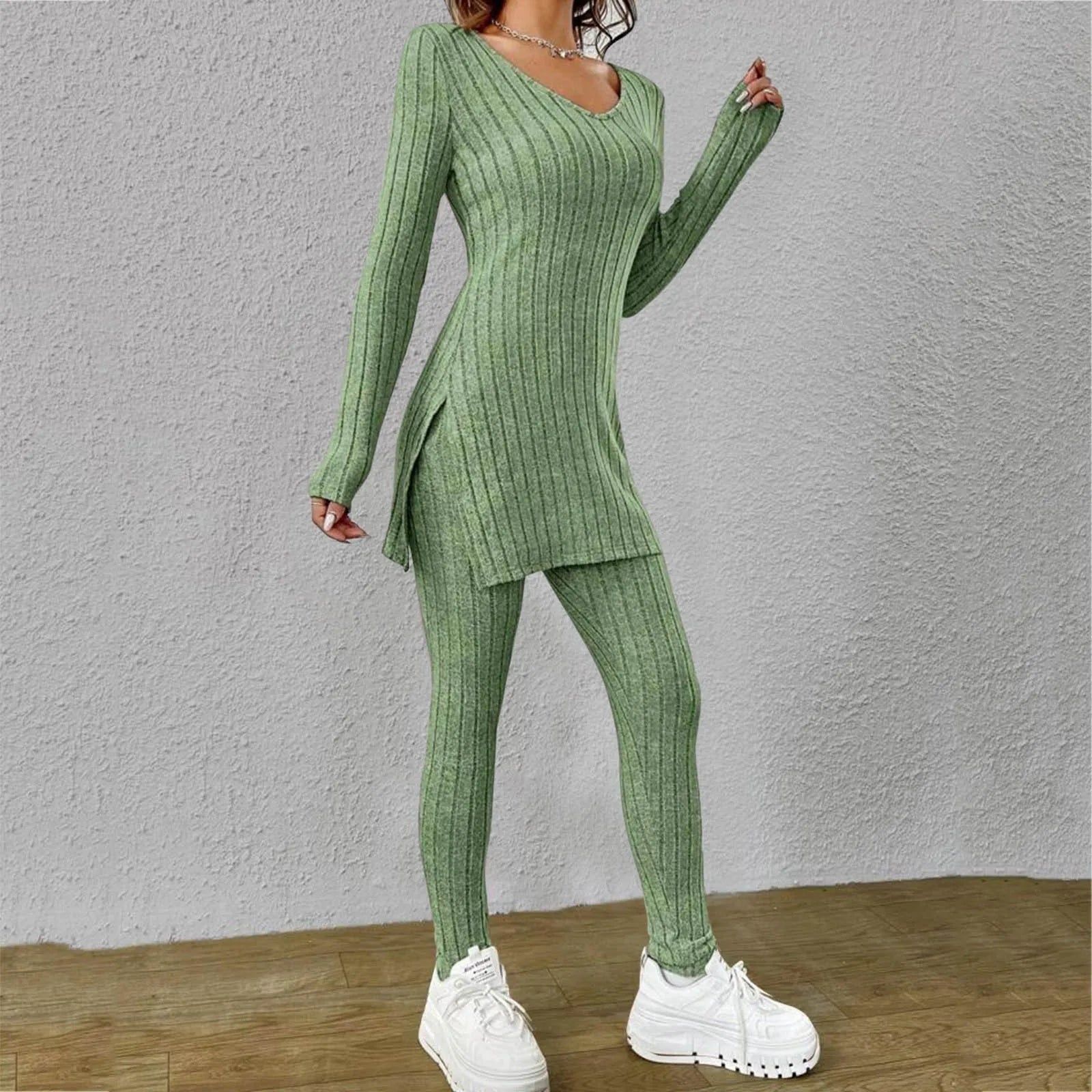 Casual Long Sleeve Knit Tops Pants Set Office Lady Fashion Elegant High Neck Slim Fit Tops Trousers 2 Pieces Set Outfit 2024