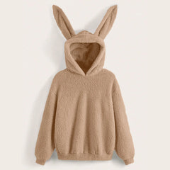 Cute Rabbit Ears Hoodies Women Solid Color Kawaii Kpop Plush Hoodie Long Sleeve Autumn Shaggy Sweatshirt